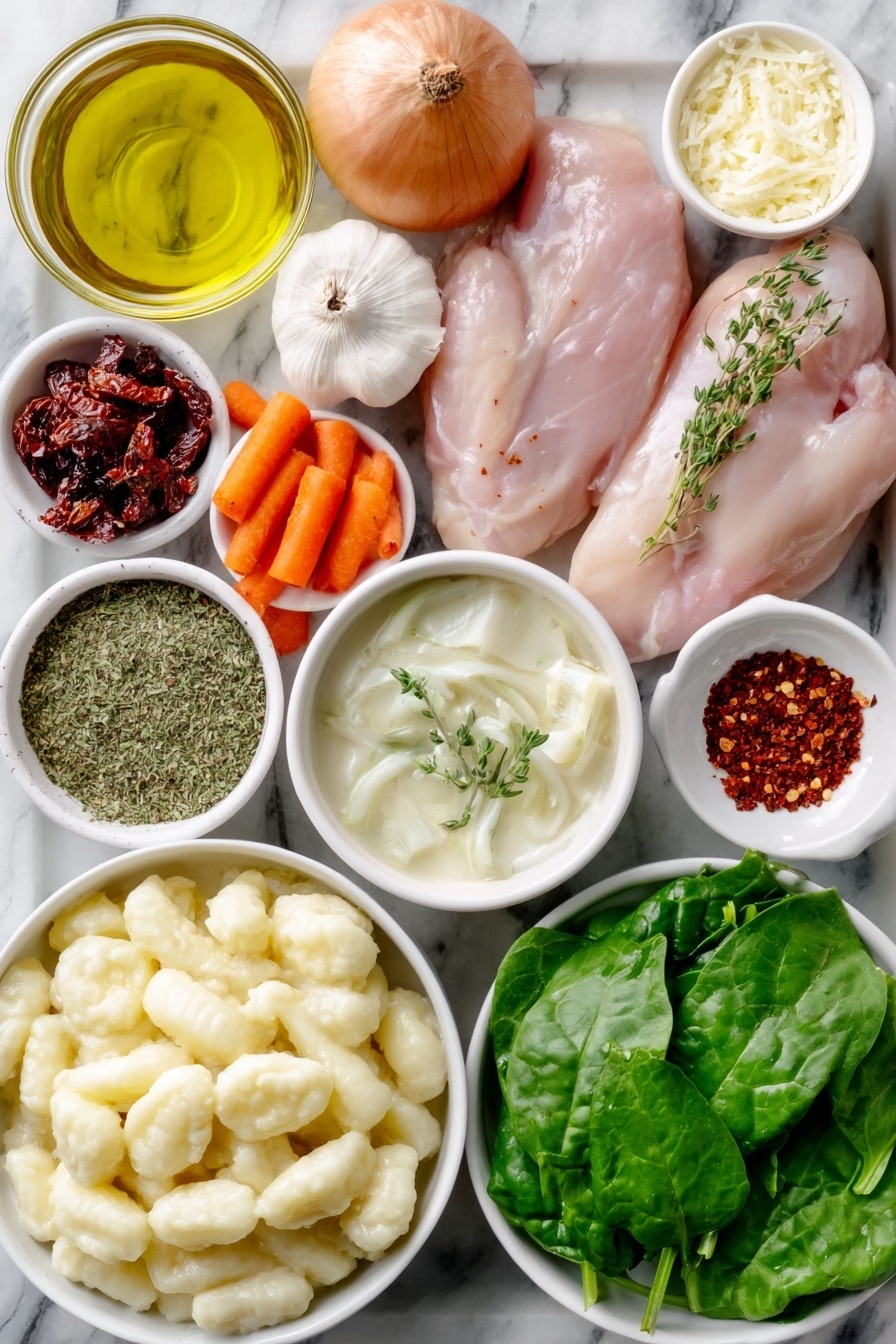 Flat lay of extra virgin olive oil in a small white bowl, one whole yellow onion, a pile of chopped fresh carrots, a few celery stalks chopped, two tablespoons of salted butter on a white ceramic plate, a precise mound of all-purpose flour in a small white bowl, two whole uncracked chicken breasts, several garlic cloves unpeeled, a small white bowl filled with mixed dried Italian seasoning herbs, a small white bowl with bright red paprika powder, fresh thyme sprigs, a pinch of red chili flakes on a white plate, coarse kosher salt and black peppercorns side by side on a white ceramic dish, a small white bowl with clear vegetable broth, chopped deep red sun-dried tomatoes on a white plate, fresh vibrant baby spinach leaves, a small white bowl of creamy coconut milk, grated parmesan cheese heaped on a white plate, and a pile of soft fresh potato gnocchi, arranged with perfect symmetry and balanced proportions, placed on a clean white marble surface, soft natural light, photo taken with an iPhone, professional food photography style, fresh ingredients, white ceramic bowls, no bottles, no duplicates, no utensils, no packaging --ar 2:3 --v 7 --p m7354615311229779997 - Creamy Gnocchi Chicken Soup, creamy chicken soup with gnocchi, easy gnocchi chicken soup, comforting chicken and gnocchi recipe, hearty creamy soup recipe