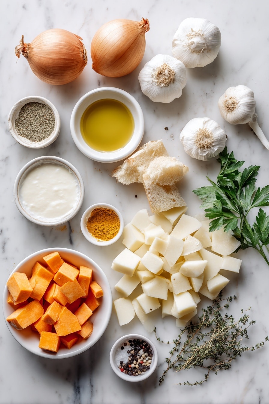 Flat lay of a small pile of fresh whole unpeeled onions with papery skin, three whole uncracked garlic cloves, a small mound of bright orange peeled carrot pieces cut into chunks, thick cubes of peeled golden potato, thick cubes of peeled sweet potato with orange flesh, roughly chopped pale cream parsnip pieces, a chunk of peeled celeriac with rough skin, a few fresh sprigs of green parsley, a small white ceramic bowl with golden extra virgin olive oil, a small white ceramic bowl with creamy unsalted butter, a small white ceramic bowl filled with thick white heavy cream, a small white ceramic bowl containing warm light brown crusty bread pieces, a small white ceramic bowl with bright yellow curry powder, a small white ceramic bowl with dried thyme leaves, a small white ceramic bowl with coarse kosher salt, a small white ceramic bowl with black peppercorns, all ingredients arranged symmetrically and balanced on a clean white marble surface, soft natural light, photo taken with an iPhone, professional food photography style, fresh ingredients, white ceramic bowls, no bottles, no duplicates, no utensils, no packaging --ar 2:3 --v 7 --p m7354615311229779997 - Root Vegetable Soup with Curry and Cream, hearty vegetable soup, easy vegan soup recipes, comforting curry soup, healthy root vegetable dishes