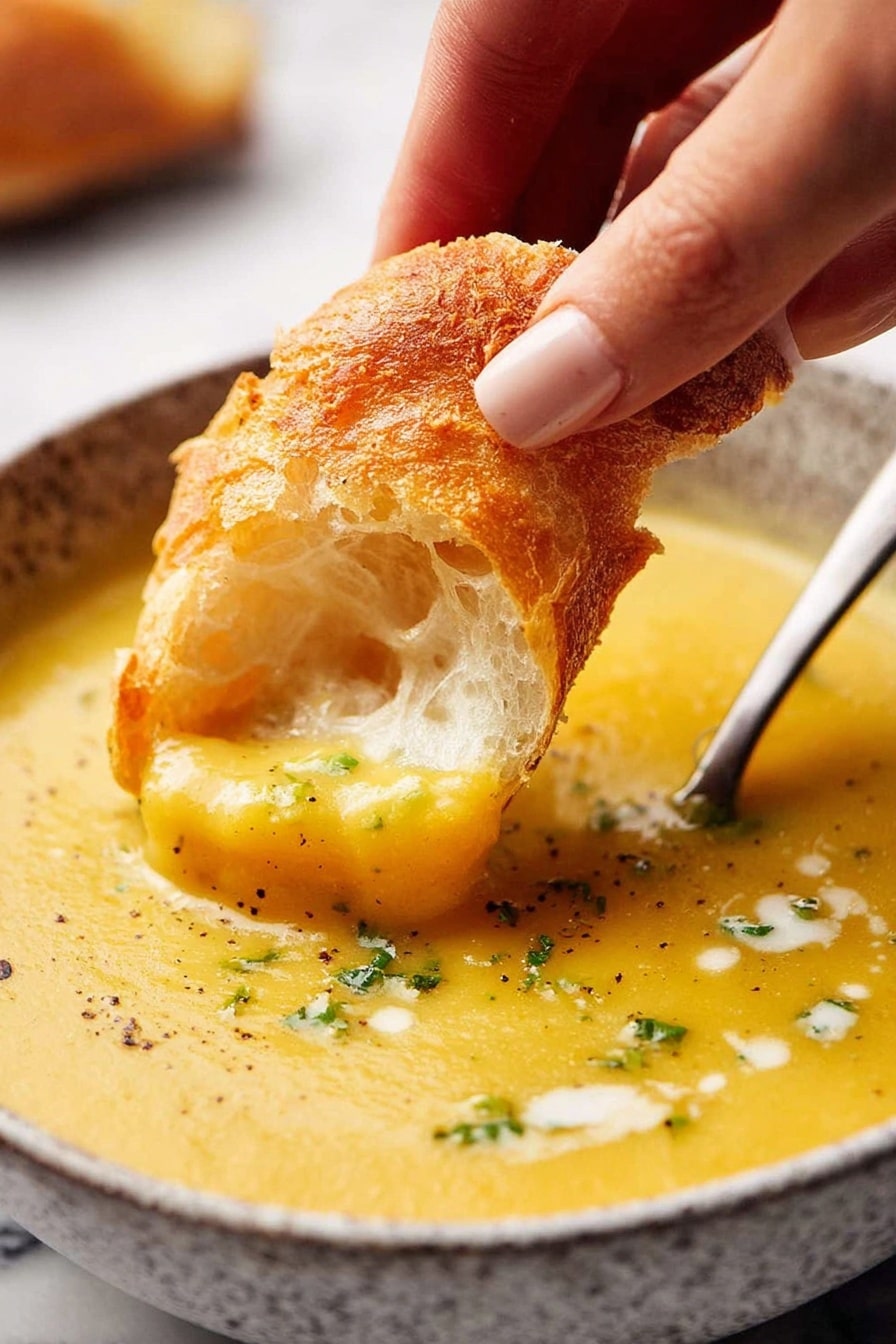 A close-up view shows a woman's hand dipping a torn piece of soft, crusty bread with a light golden-brown outer layer and a fluffy white inside into a creamy, smooth yellow soup with tiny green herb bits and a slight sprinkle of black pepper on top, all inside a speckled bowl sitting on a white marbled surface, with a silver spoon resting inside the bowl photo taken with an iphone --ar 2:3 --v 7 - Root Vegetable Soup with Curry and Cream, hearty vegetable soup, easy vegan soup recipes, comforting curry soup, healthy root vegetable dishes