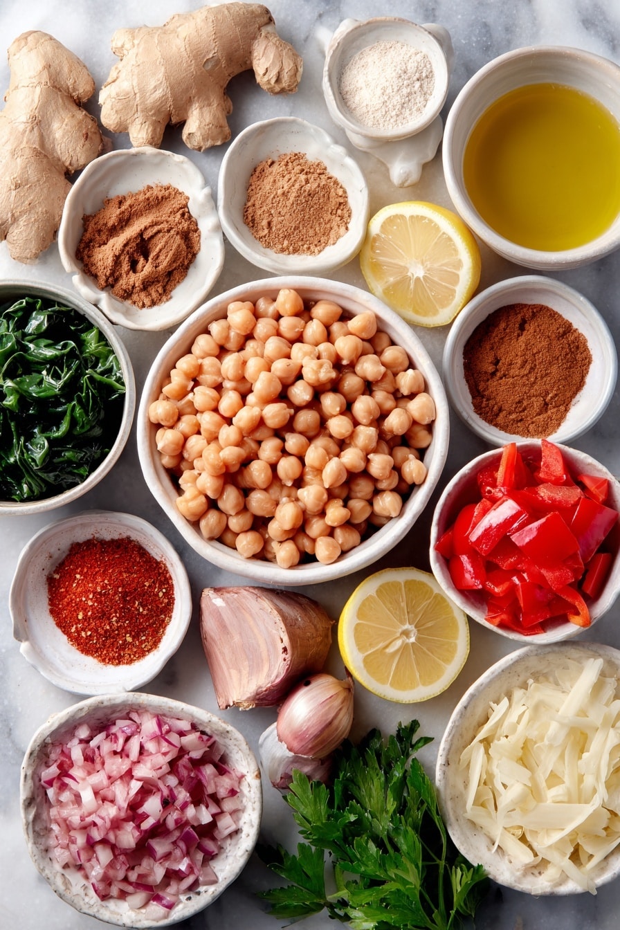 Flat lay of dried chickpeas in a small pile, a few cloves of whole fresh garlic, a piece of peeled ginger root finely shredded and laid out, one medium diced onion, two small sliced carrots, one medium diced red bell pepper, a small white bowl of ground cinnamon powder, a small white bowl of ground cumin powder, a small white bowl of smoked paprika powder, a small white bowl of ground turmeric, a small white bowl of red chili flakes, a small white bowl of olive oil, a small white bowl filled with vegetable broth, a small white bowl of water, a small white bowl of diced fresh tomatoes with liquid, one whole lemon cut in half, a small pile of tightly packed chopped dark leafy greens, a small white bowl of plain plant-based milk, a small white bowl of all-purpose flour, a small white bowl of creamy tahini, a small bunch of fresh chopped parsley placed neatly, all arranged symmetrically in perfect proportions on simple white ceramic bowls and plates, placed on a clean white marble surface, soft natural light, photo taken with an iPhone, professional food photography style, fresh ingredients, white ceramic bowls, no bottles, no duplicates, no utensils, no packaging --ar 2:3 --v 7 --p m7354615311229779997 - Hearty Chickpea Stew with Spices, chickpea stew, vegan chickpea stew, spicy plant-based stew, comforting vegetarian stew