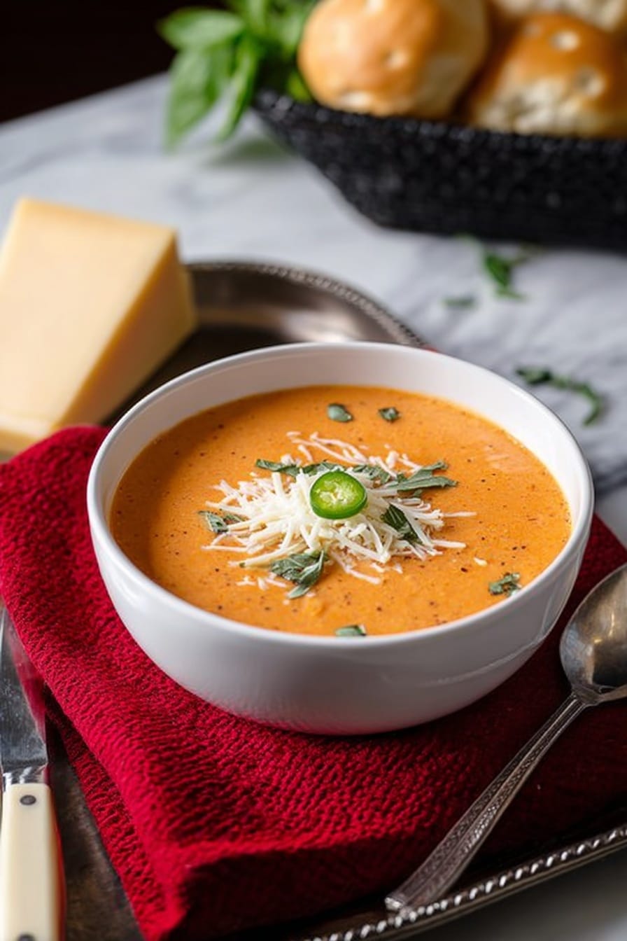 The image shows a large orange pot filled with creamy orange soup with small green bits floating on the surface. A wooden spoon rests inside the pot, with its handle leaning on the pot's edge. Next to the pot, fresh green basil leaves are placed on a white marbled surface. The rim of the pot and some soup splashes reveal the creamy texture. photo taken with an iphone --ar 2:3 --v 7 - Creamy Tomato Basil Soup, tomato basil soup easy, homemade tomato basil soup, comforting tomato soup, quick tomato basil soup