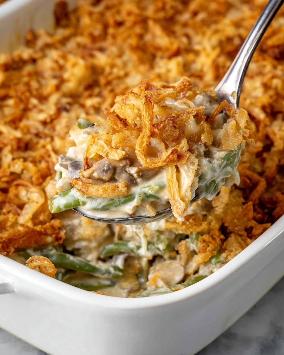 The dish is a creamy casserole served in a white baking dish. It has a visible top layer of golden-brown crispy fried onions that look crunchy and scattered unevenly. Underneath the onions, there is a creamy and thick sauce that covers soft cooked pieces of green beans and possibly mushrooms, showing a mix of pale green and beige colors. A large silver serving spoon lifts a portion from the dish, revealing the layers clearly. The dish sits on a white marbled texture surface. photo taken with an iphone --ar 4:5 --v 7