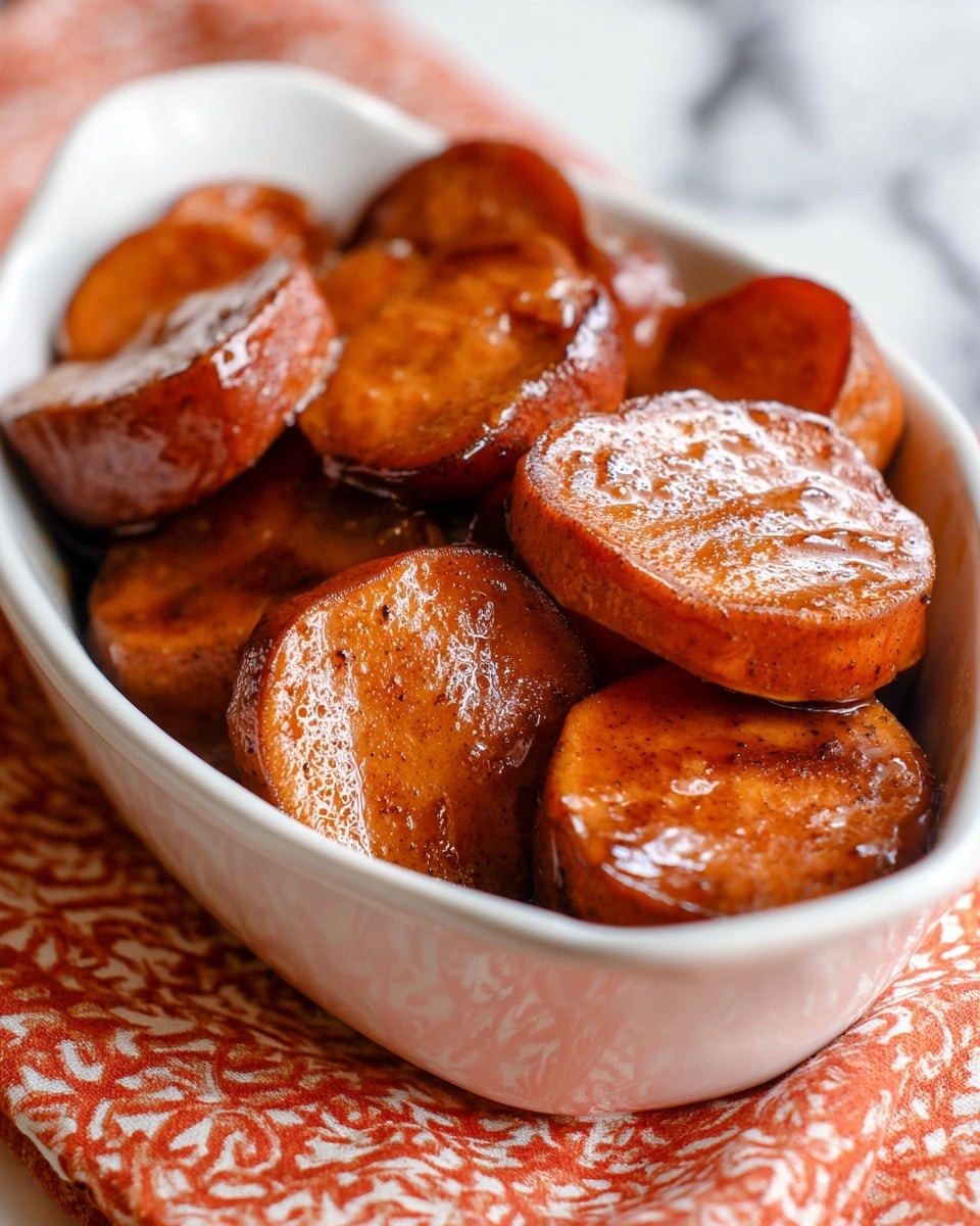 A white oval bowl is filled with several thick slices of cooked sweet potatoes, each slice showing a shiny, glazed surface with a warm, brownish-orange color and a soft texture marked by specks of cinnamon or spice. The slices are stacked loosely, some overlapping others, and the glaze gives them a slightly sticky and glossy look. The bowl rests on an orange and white patterned cloth, and the background features a white marbled texture. photo taken with an iphone --ar 4:5 --v 7