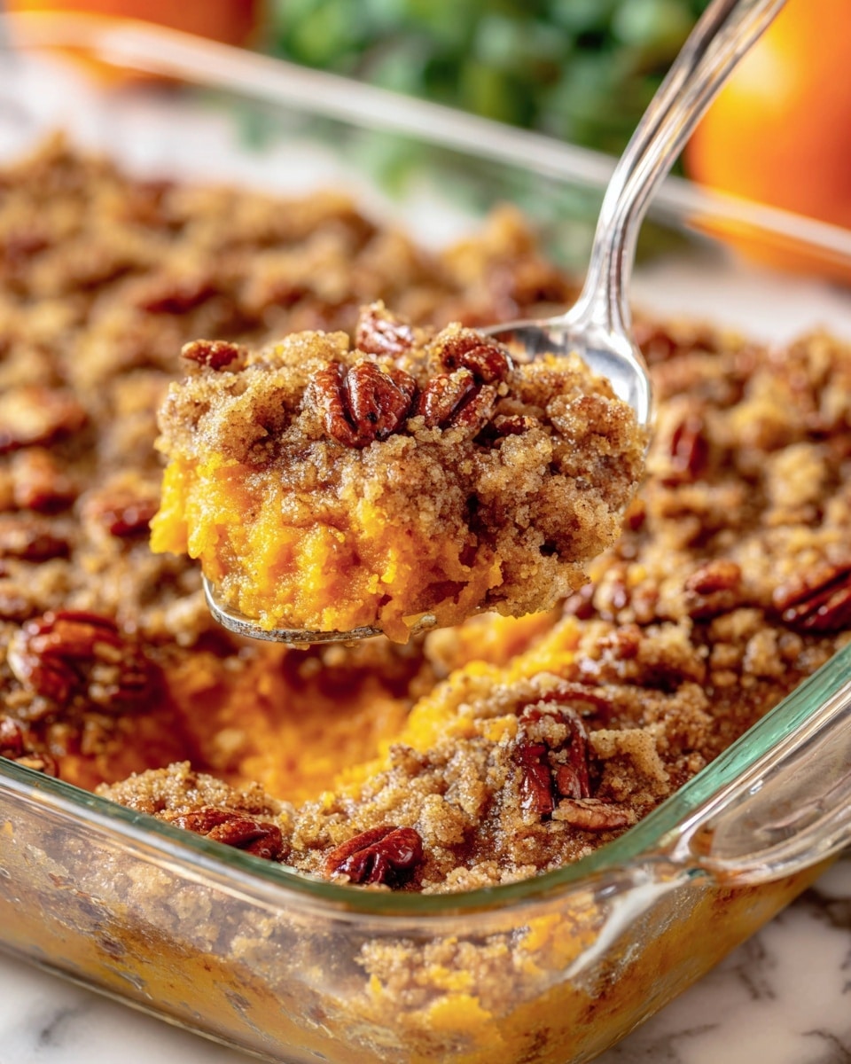 The image shows a glass baking dish with a cooked yellow sweet potato casserole topped with a crumbly brown streusel layer mixed with pecan halves scattered on top. A shiny silver spoon mostly filled with the sweet potato casserole and crumb topping lifts a portion from the dish, showing soft and creamy orange layers under the crunchy pecan streusel. The dish rests on a white marbled surface with blurred green and orange background elements. Photo taken with an iphone --ar 4:5 --v 7