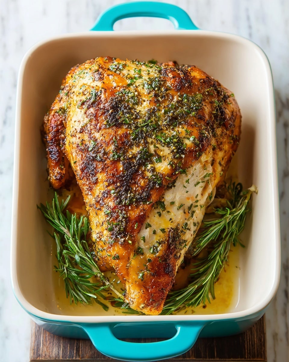 A large piece of cooked chicken with a crispy, golden-brown crust and a layer of green herb seasoning on top is placed in a white baking dish with turquoise handles. Underneath the chicken, there is a sprig of fresh green rosemary. The texture of the chicken’s skin looks crispy with small black and green herb specks, and the meat beneath looks juicy and tender. The dish is placed on a white marbled surface. photo taken with an iphone --ar 4:5 --v 7