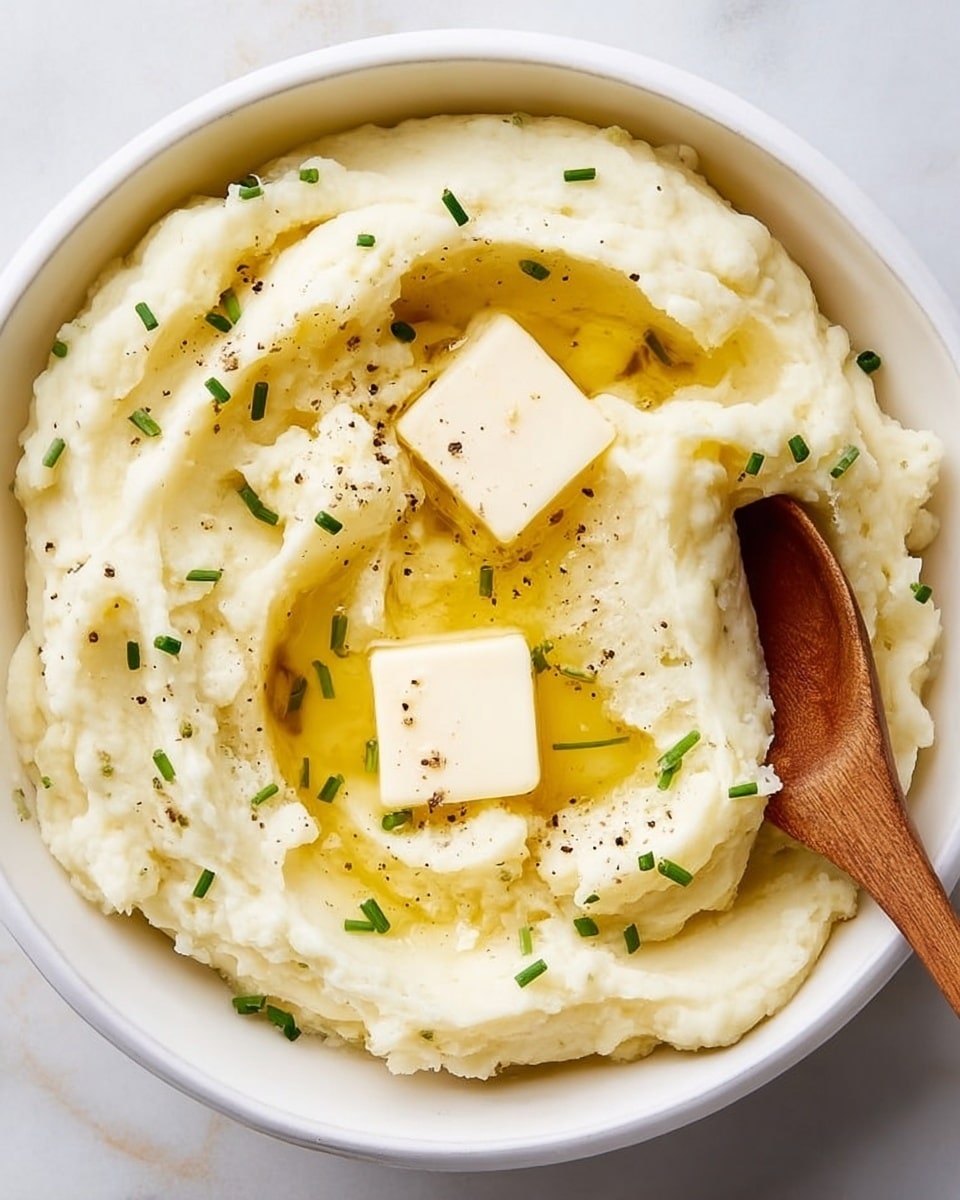 A white bowl filled with smooth mashed potatoes that have a creamy texture and pale yellow color. On top, there are two small squares of melting butter with a rich yellow hue, surrounded by a shiny pool of melted butter. Small green chive pieces are sprinkled over the mashed potatoes, and a little black pepper is scattered lightly. A wooden spoon rests in the bowl on the right side, partially covered by the mashed potatoes. The bowl sits on a white marbled surface. photo taken with an iphone --ar 4:5 --v 7