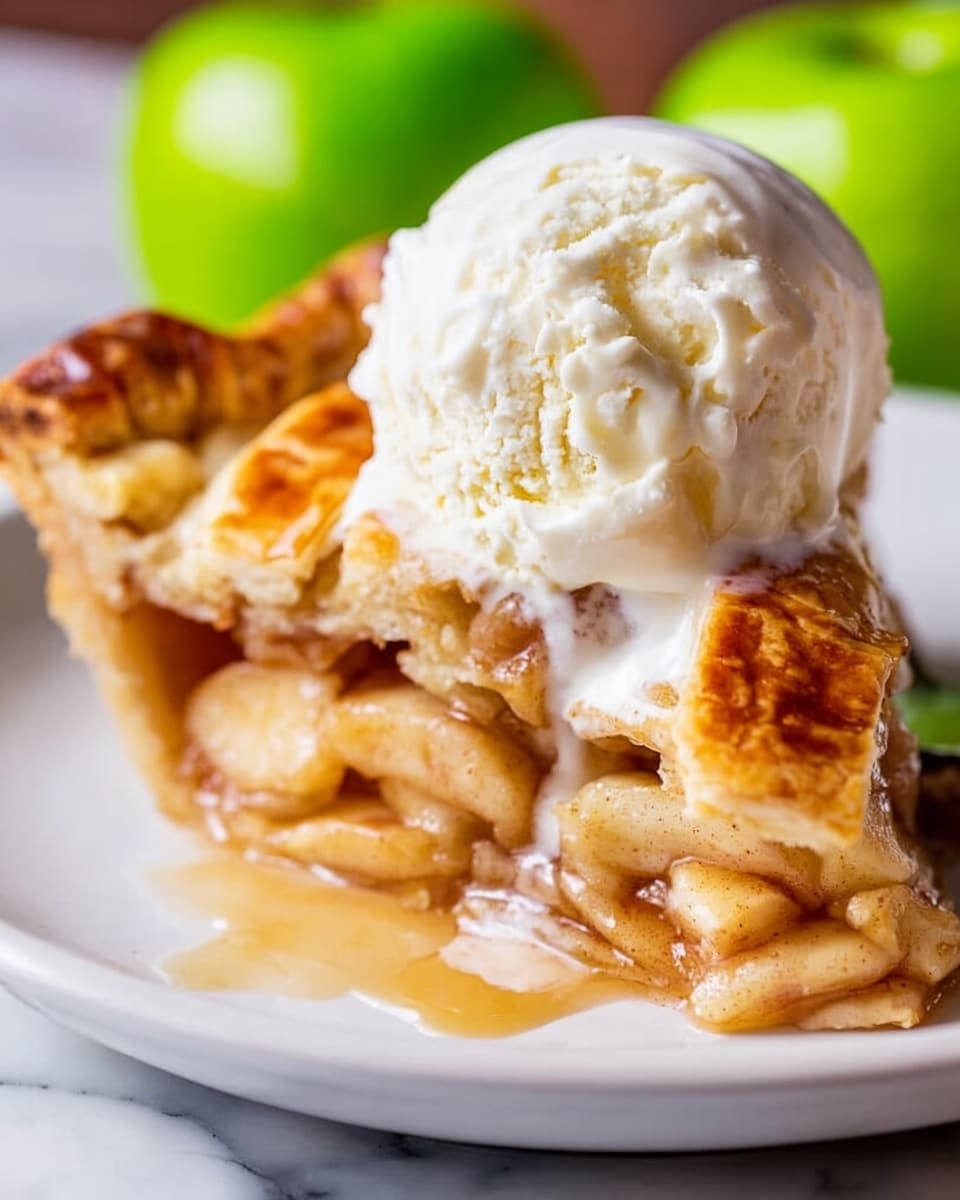 A close-up showing a white plate with a slice of golden brown apple pie with visible soft cooked apple pieces inside, covered by a crispy, flaky top crust. On top of the pie slice, there is a smooth, creamy scoop of melting vanilla ice cream, with some ice cream melting and dripping slightly onto the pie. In the background, a green apple is partially visible, adding a fresh touch. The plate sits on a white marbled surface. Photo taken with an iphone --ar 4:5 --v 7