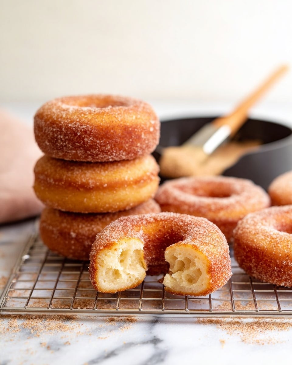 A group of six sugar-coated donuts with a golden-brown color are placed on a metal cooling rack over a white marbled surface. One donut is stacked on top of another and has a bite taken out, revealing a soft, light yellow inside with a fluffy texture. In the background, there is a small black pan filled with a cinnamon sugar mixture and a light wooden brush resting on the edge. The lighting is soft and natural, enhancing the warm tones of the donuts. photo taken with an iphone --ar 4:5 --v 7
