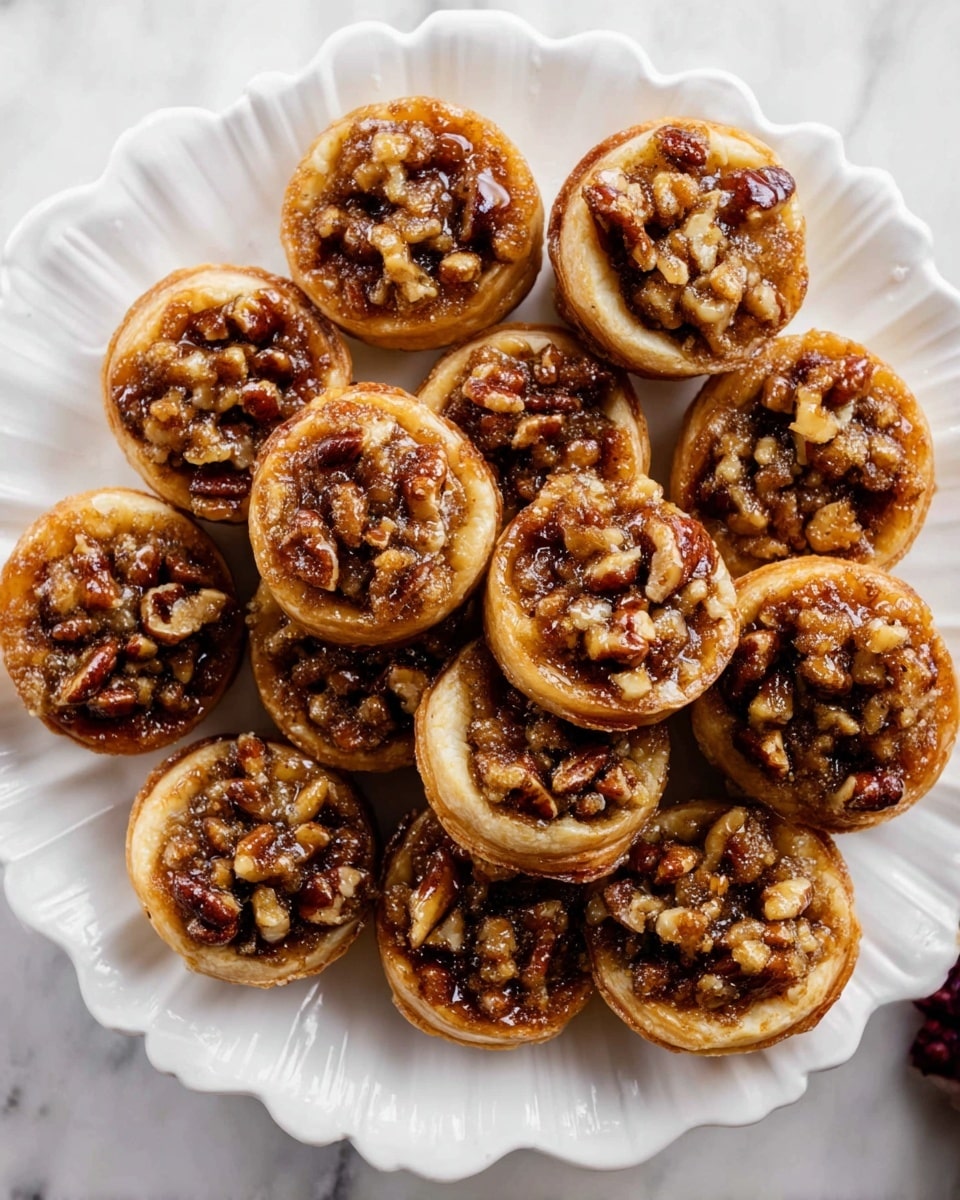 The image shows about fifteen small round pastries arranged closely on a white scalloped plate. Each pastry has a light golden crust forming the bottom and sides, topped with a thick layer of chopped nuts mixed with a caramel-like sticky glaze. The nuts appear to be mainly pecans or walnuts, unevenly distributed, giving a rough texture. The pastries have a slightly shiny, browned surface from baking, and the plate is set on a white marbled surface. Photo taken with an iphone --ar 4:5 --v 7