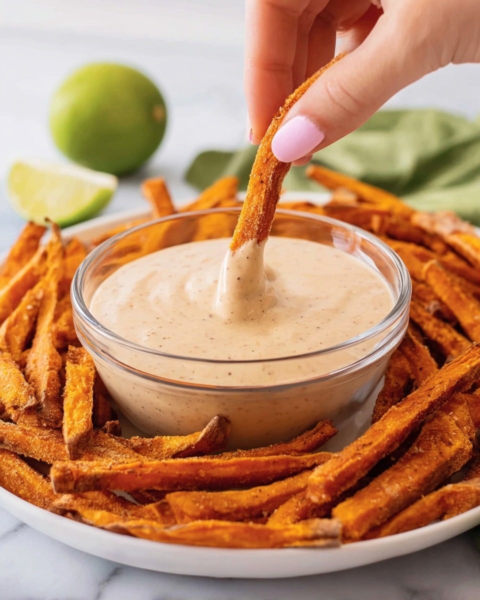 A white plate filled with many orange-brown crispy sweet potato fries forms the bottom layer, surrounding a clear glass bowl in the center. The bowl is filled with a thick, creamy dip that is light beige with small dark specks. A woman's hand with light pink nail polish is shown dipping one of the sweet potato fries into the sauce, lifting it slightly. In the background, there is a lime half and some green leaves on a white marbled surface. photo taken with an iphone --ar 4:5 --v 7
