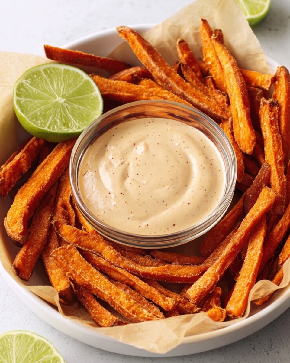A round white bowl filled with crispy orange sweet potato fries arranged around a small clear glass bowl of creamy beige sauce with specks, placed in the center on a light beige paper lining; a lime half sits on the top left edge of the bowl, all set on a white marbled surface. photo taken with an iphone --ar 4:5 --v 7