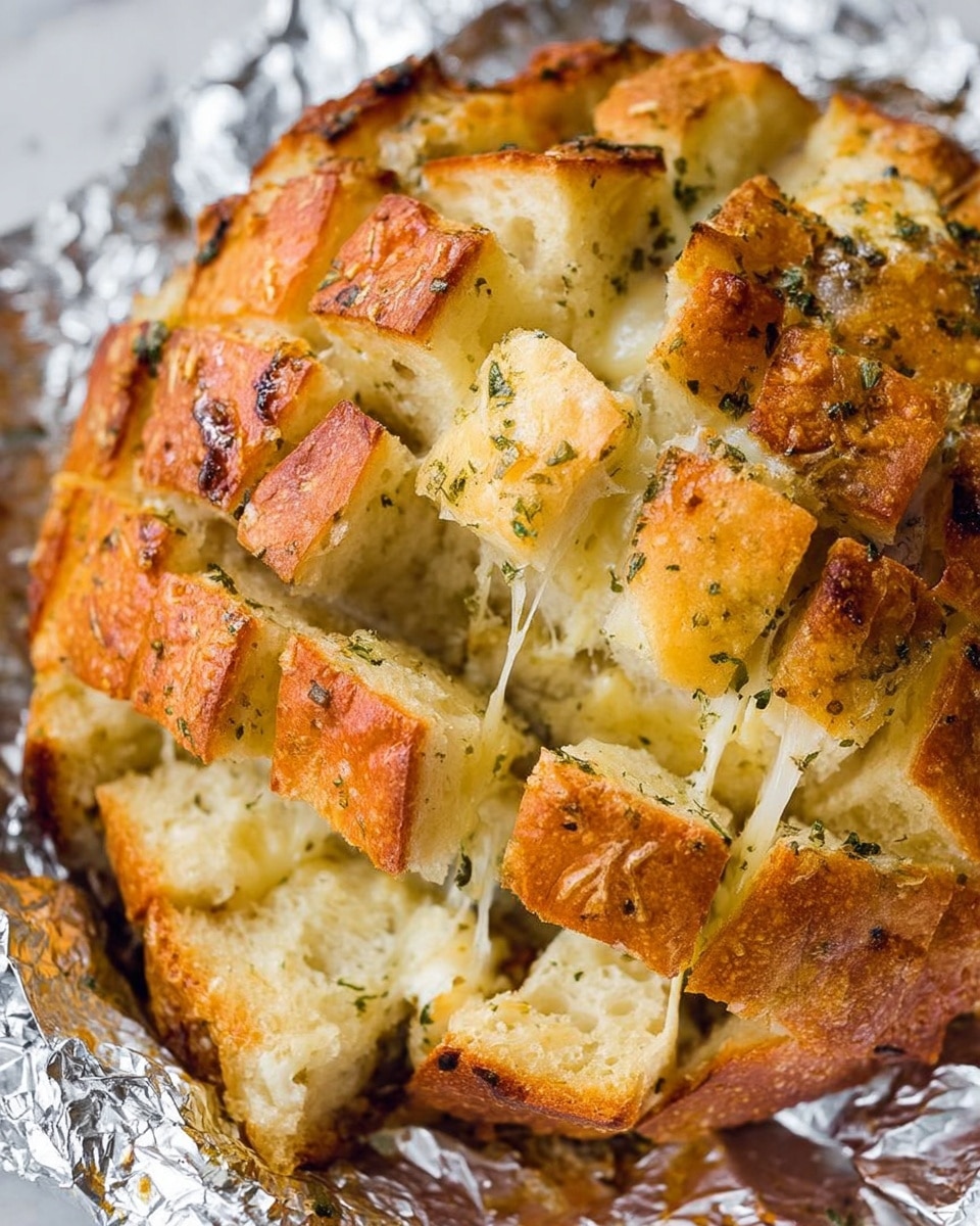A close-up image shows a woman's hand lifting a piece of baked bread with melted cheese stretching between the lifted piece and the rest of the loaf. The bread is golden brown with a crusty texture and is cut into small square sections that reveal the gooey, soft inside filled with melted cheese mixed with small green herbs. The background is a soft blur with warm lighting, and the bread sits on a foil-lined surface. The bread looks warm and fresh, with a crispy outer layer and an inviting melted cheese center. Photo taken with an iphone --ar 4:5 --v 7