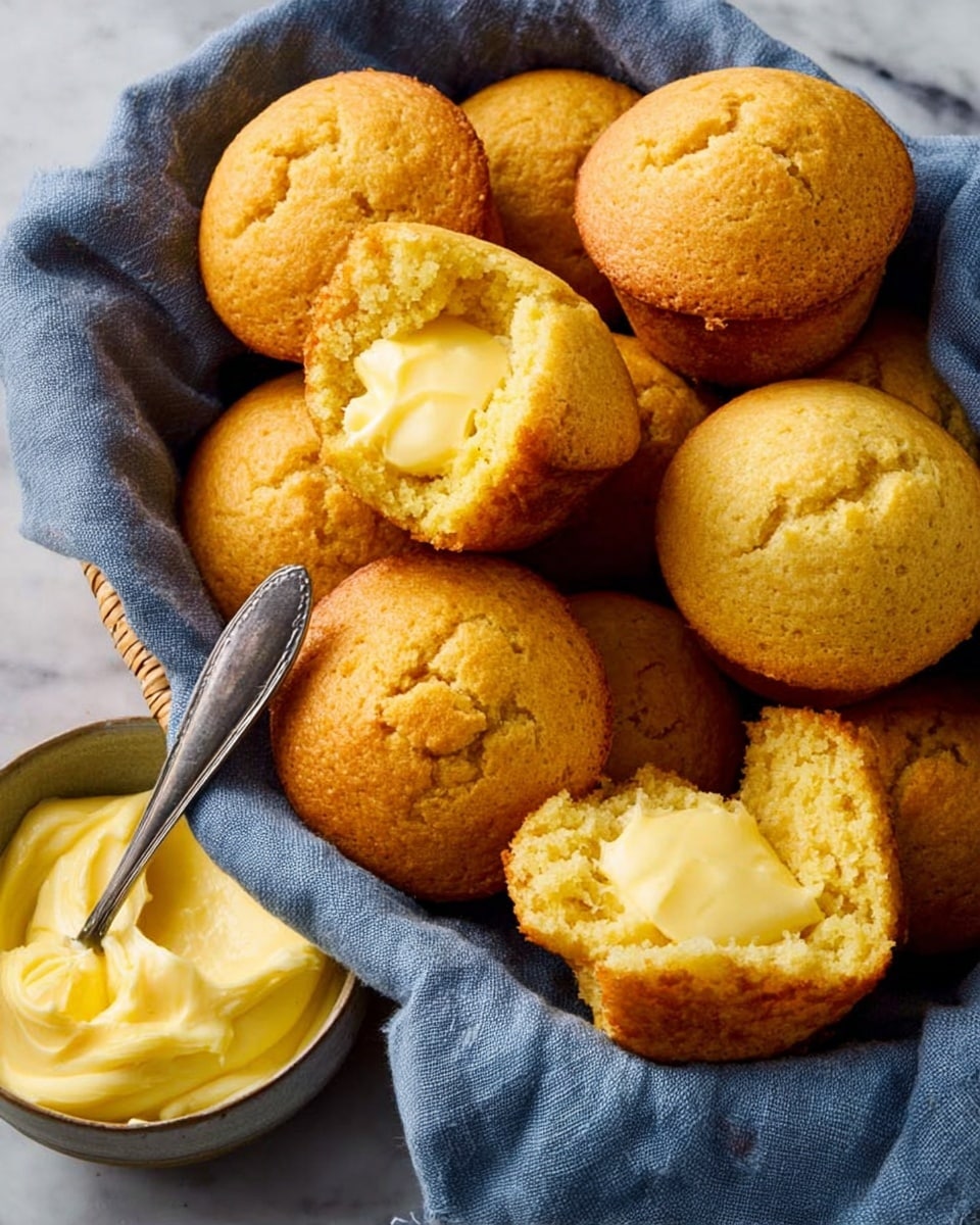 A basket lined with a blue-gray cloth holds several golden brown cornbread muffins with cracked tops showing a soft, crumbly texture. Two muffins are broken open, each topped with a melting pat of yellow butter that glistens. In the corner of the basket is a small bowl filled with smooth, creamy, yellow butter with a silver knife resting inside. The basket sits on a white marbled surface. photo taken with an iphone --ar 4:5 --v 7