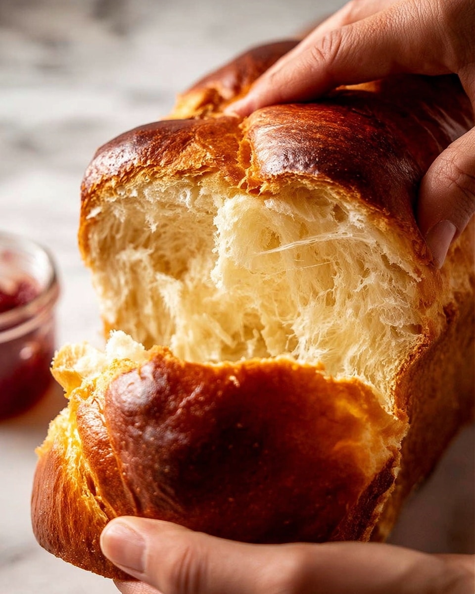 A close-up view of two woman's hands pulling apart a shiny, golden-brown bread with a soft, fluffy, and slightly stringy inside. The bread has a rich, toasted crust with some darker brown spots, showing that it is freshly baked. The inside is light cream in color, airy, and layered with strands that look tender and soft. The background has a white marbled texture with a blurred small glass jar containing a red spread in the distance. Photo taken with an iphone --ar 4:5 --v 7