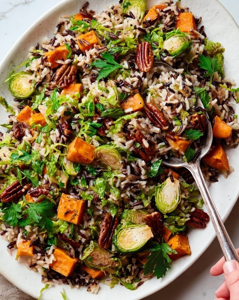 Wild Rice Pilaf with Roasted Sweet Potatoes, Cranberries, and Pecans Recipe