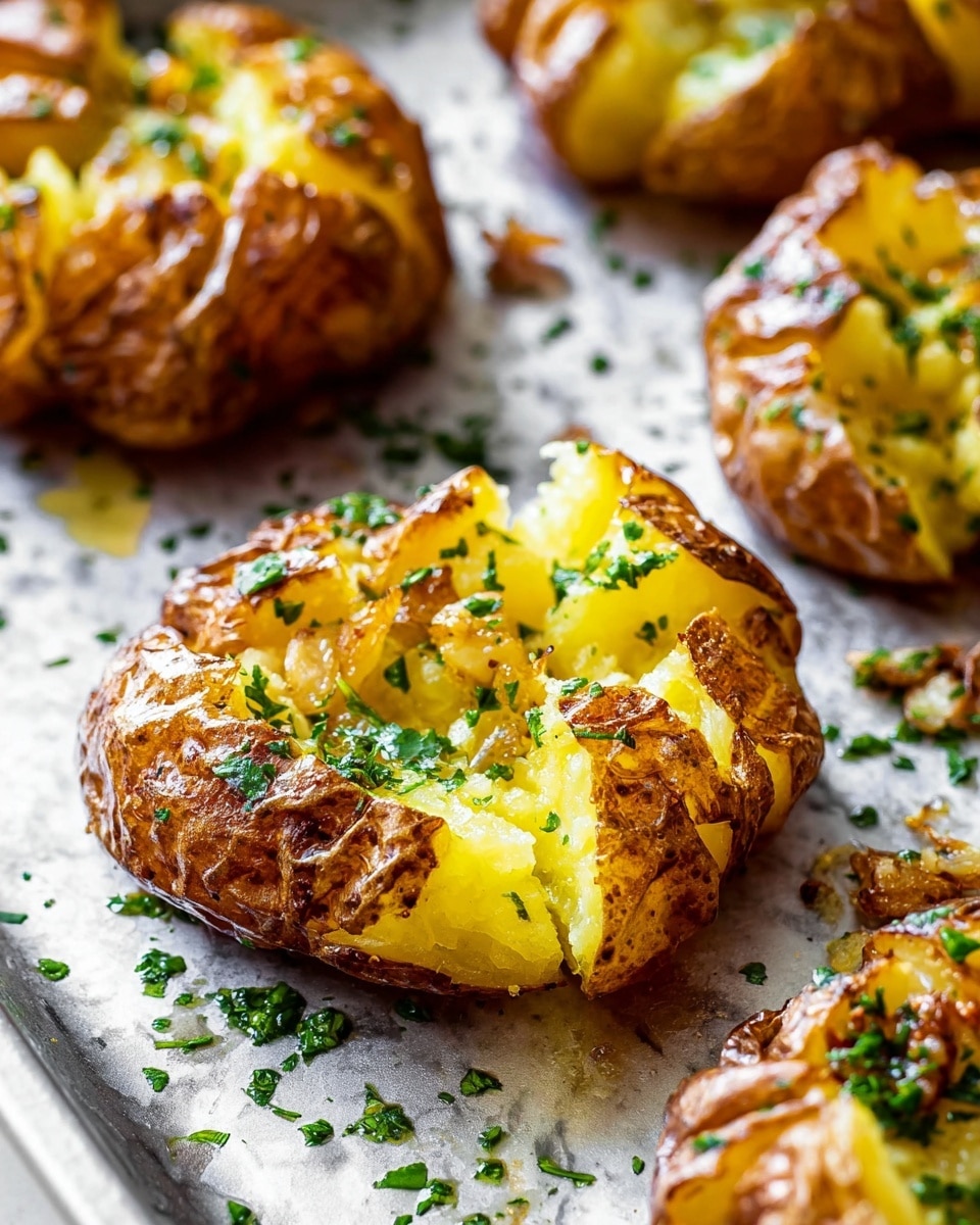 The image shows several smashed roasted potatoes on a metal tray with a white marbled texture beneath. Each potato has a crispy, brown skin outer layer that is crinkled, with the inside layer being bright yellow and soft, slightly mashed. The surface of the potatoes is sprinkled with chopped green herbs and small bits of browned garlic or seasoning. The potatoes look shiny with a light coating of oil, and the overall focus is close-up, making the textures very visible. photo taken with an iphone --ar 4:5 --v 7