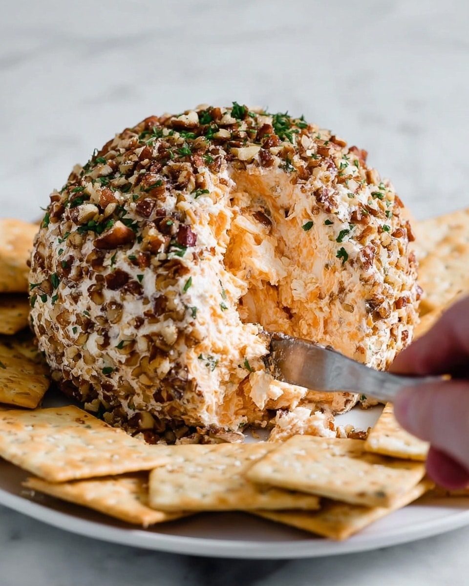 The image shows a round cheese ball with a rough textured creamy orange inside and a chunky outer layer covered in small brown nut pieces and green herbs. The cheese ball is sitting on a white plate with several square light brown crackers lying next to it. The white plate rests on a white marbled surface. A woman's hand is holding a silver knife near the cheese ball, ready to serve. Photo taken with an iphone --ar 4:5 --v 7