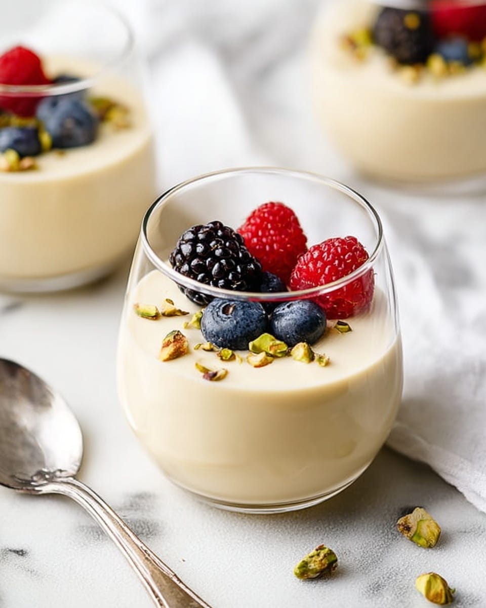 Two clear glass cups contain smooth light yellow pudding. Each cup has a topping made of fresh berries with bright red raspberries, deep blue blueberries, and dark blackberries. Small pieces of chopped green pistachios are scattered on the pudding and around the cups on a white marbled surface. A shiny spoon lies next to one of the cups. In the background, a white bowl with more pistachio pieces is slightly out of focus. Photo taken with an iphone --ar 4:5 --v 7