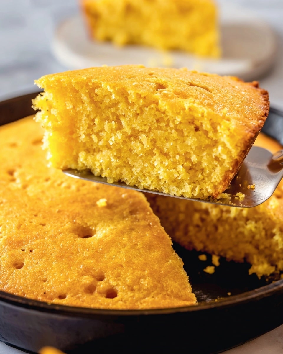 A close-up of a golden yellow cornbread with a rough crumb texture, being lifted by a silver spatula from a round black pan. The cornbread shows a slightly crunchy top layer with small holes, and the inside looks soft and moist with a dense yellow crumb. A small piece of cornbread sits in the background on a white marbled surface, slightly out of focus. Photo taken with an iphone --ar 4:5 --v 7