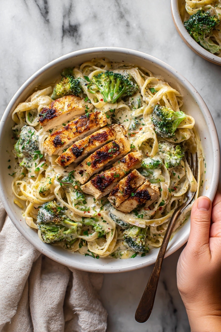 The image shows a white bowl filled with creamy fettuccine pasta mixed with green broccoli pieces. On top, there is a grilled chicken sliced into several strips, with a golden brown, slightly charred look. A woman's hand is reaching from the top right corner, about to pick up the bowl. The bowl sits on a white marbled surface, with a soft cloth and part of another white bowl partially visible nearby. photo taken with an iphone --ar 2:3 --v 7 - Healthy Chicken Alfredo with Greek Yogurt, healthy chicken Alfredo, quick healthy pasta, Greek yogurt Alfredo, easy healthy chicken dinner