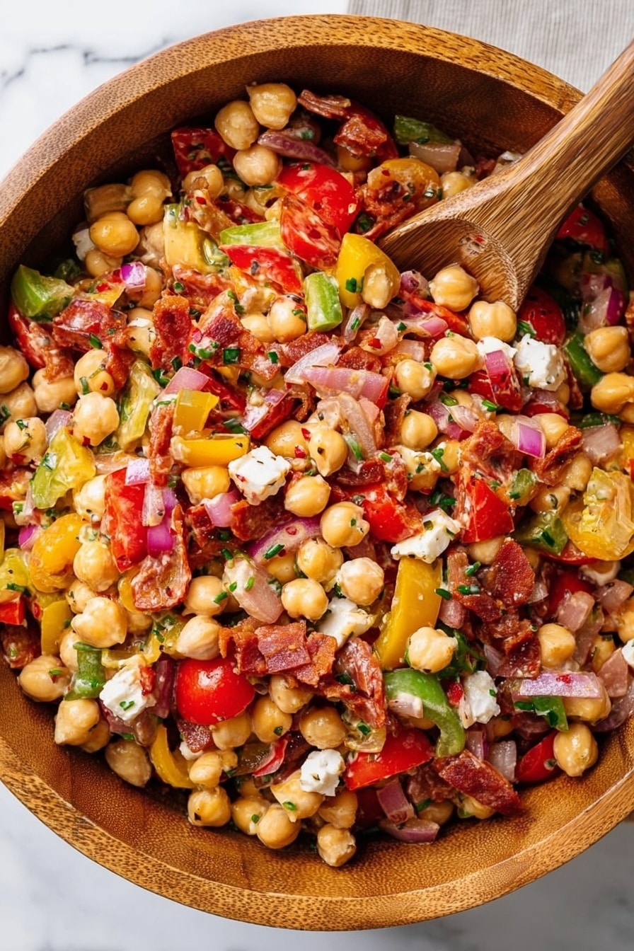 A large wooden bowl filled with a colorful mixed salad sitting on a white marbled surface. The salad has multiple layers including small whole chickpeas, white beans, chopped red onion pieces, and thin slices of red and yellow bell peppers. There are also halved cherry tomatoes, small cubes of white cheese, and thin, irregular strips of reddish cured meat scattered throughout. A wooden spoon rests inside the bowl, partially submerged in the salad, adding texture contrast. The overall look is vibrant with a mix of creamy, red, green, and yellow colors evenly spread and lightly coated in a glossy dressing. photo taken with an iphone --ar 2:3 --v 7 - Dense Bean Salad with Sun-Dried Tomato Vinaigrette, hearty bean salad recipe, sun-dried tomato vinaigrette salad, healthy bean salad ideas, protein-packed vegetarian salads