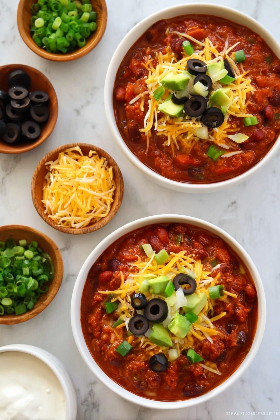 Two white bowls filled with thick red chili that has visible beans and chunks of vegetables. Each bowl is topped with shredded yellow cheese, sliced black olives, chopped green onions, and small pieces of green avocado. Around the bowls are small wooden bowls holding more chopped green onions, shredded yellow cheese, and sliced black olives. In the lower left corner, there is a white bowl with a white creamy sauce. The background is a white marbled surface. Photo taken with an iphone --ar 2:3 --v 7 - Leftover Turkey Chili, 30-Minute Leftover Turkey Chili, Easy Turkey Chili, Quick Turkey Chili Recipe, Hearty Turkey Chili