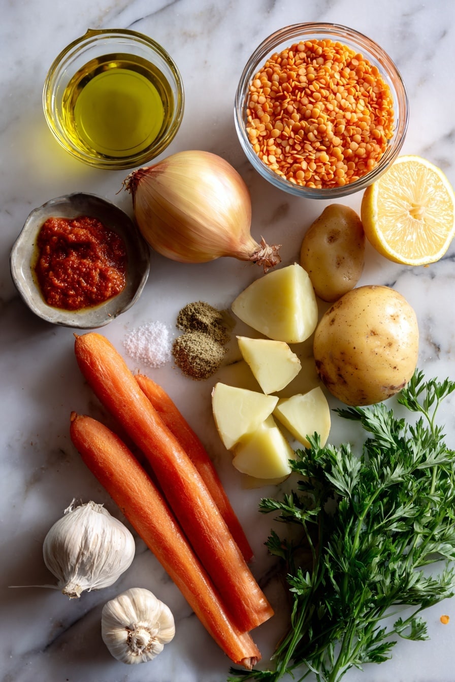 Flat lay of a small glass bowl of extra virgin olive oil, one whole onion, one medium carrot, one rib of celery, three garlic cloves, a small heap of ground cumin, a small spoonful of tomato paste, two medium potatoes cut into chunks, a large measuring cup filled with red lentils, a lemon cut into wedges, and a small bunch of chopped parsley placed on a white marble surface, photo taken with an iphone --ar 2:3 --v 7 - Creamy Red Lentil Soup, easy one-pot soup, high-protein vegetarian soup, nourishing red lentil recipe, quick healthy lentil soup