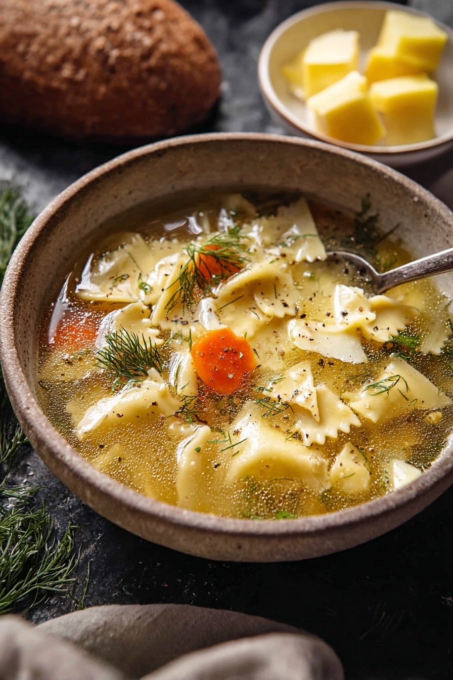 A bowl of clear broth soup filled with light yellow pasta pieces that have jagged edges floating on the surface, with small orange carrot slices peeking through and fresh green dill sprigs scattered on top. The soup has a slightly oily surface with specks of black pepper visible, and thin shavings of a pale yellow cheese resting on some pasta. The bowl is rough-textured and earthy in tone, set against a dark background with a spoon resting inside. In the background, there is a white bowl with yellow cheese wedges and dill, and a round brown loaf of bread on a white marbled texture. photo taken with an iphone --ar 2:3 --v 7 - Lemony Pesto Chicken Noodle Soup, chicken noodle soup with lemon and pesto, citrus chicken soup recipe, healthy lemon pesto soup, comforting chicken soup with herbs