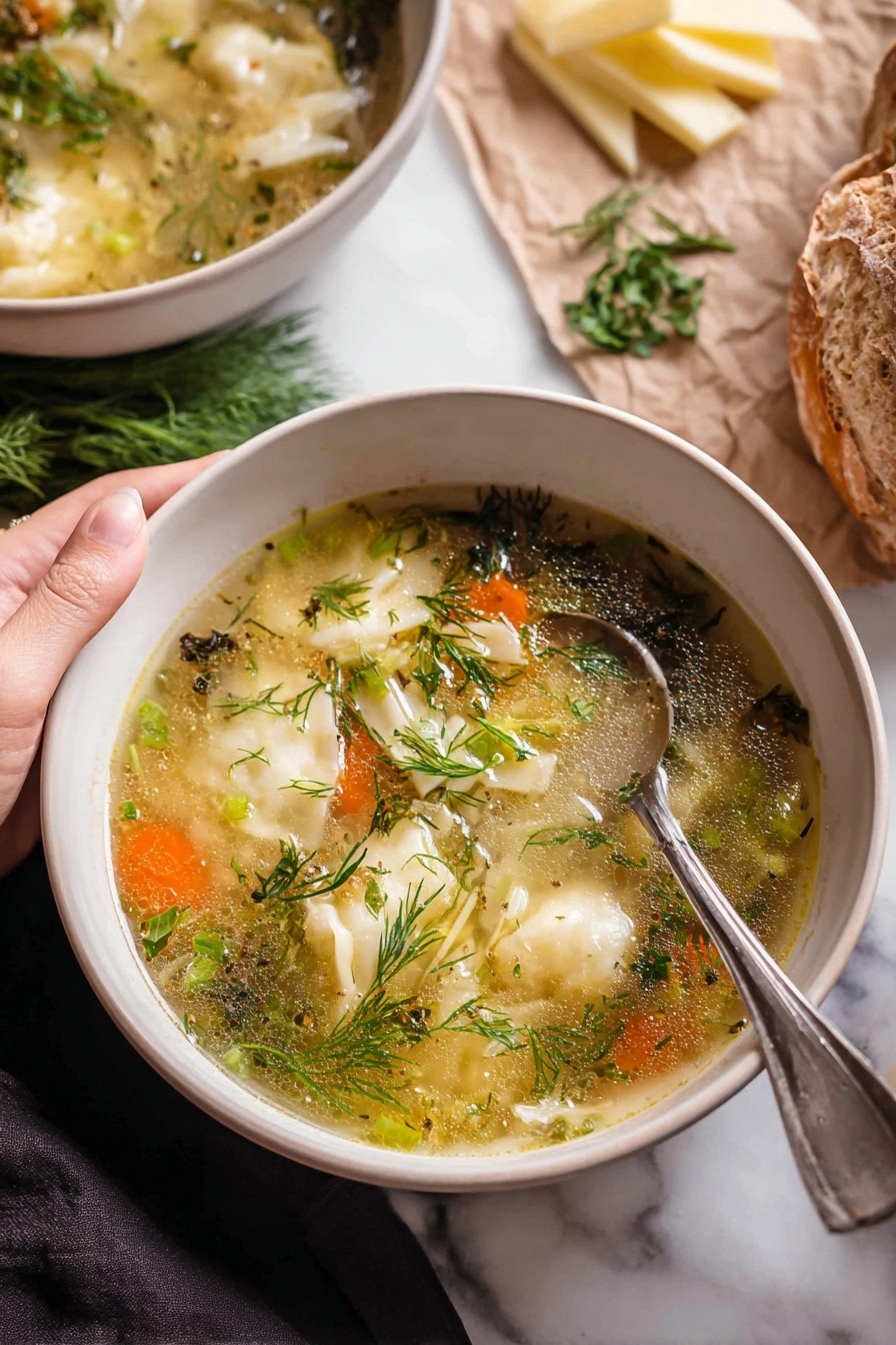 A white bowl filled with a clear broth soup that has soft textured vegetable pieces like white dumpling strips, bright orange carrot slices, and green herbs floating on top, including fresh dill and chopped green onions; a silver spoon rests inside the bowl with a woman's hand holding it gently from the side. Behind the bowl, another white bowl contains light yellow cheese wedges and extra sprigs of fresh dill. To the right, there is a piece of crusty brown bread on a piece of brown paper. All items are set on a white marbled surface. photo taken with an iphone --ar 2:3 --v 7 - Lemony Pesto Chicken Noodle Soup, chicken noodle soup with lemon and pesto, citrus chicken soup recipe, healthy lemon pesto soup, comforting chicken soup with herbs