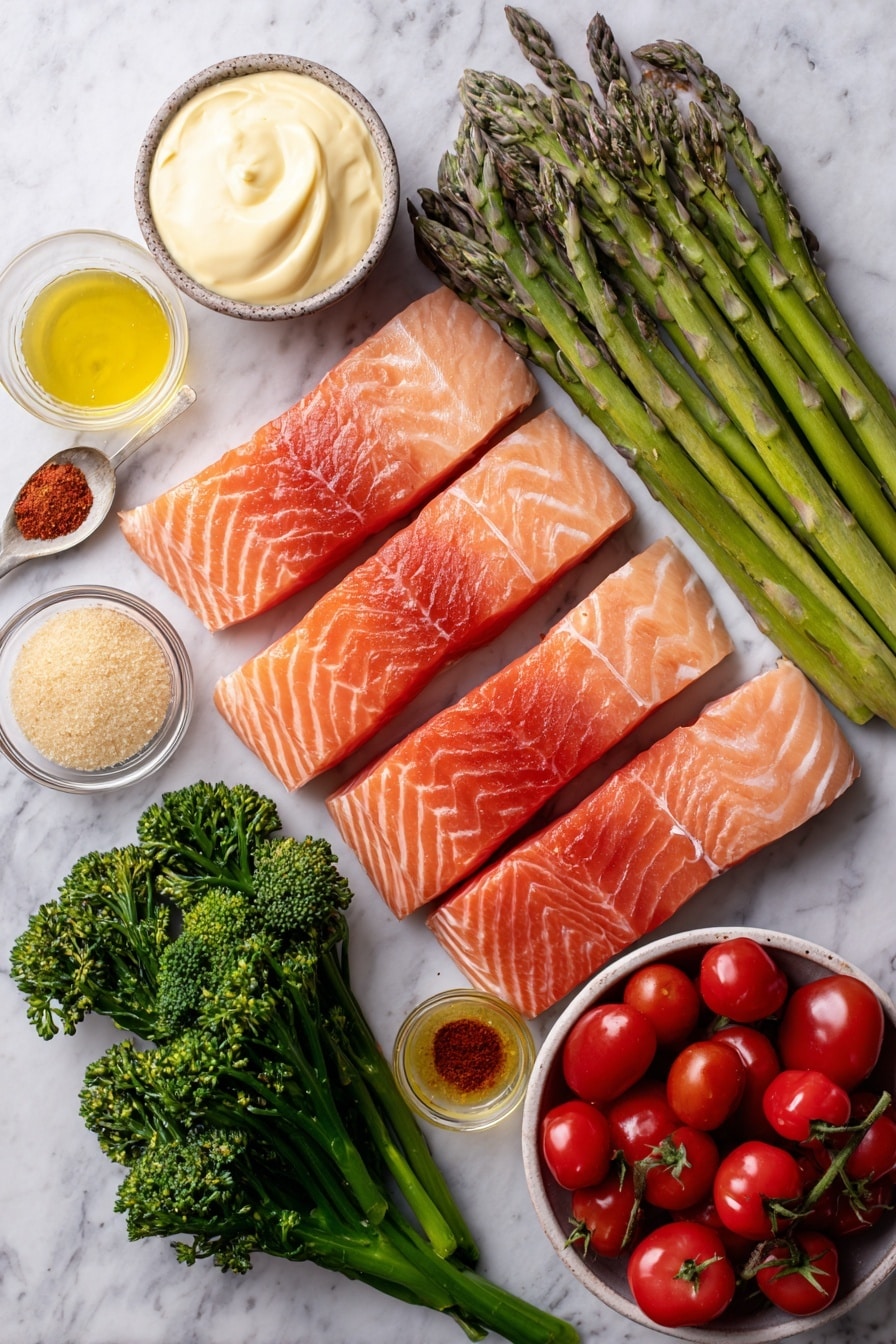 Flat lay of four thick salmon fillets with skin on, two bunches of fresh green asparagus, one bunch of broccolini with small florets, a small bowl overflowing with bright red cherry tomatoes, a small dish of golden brown sugar, a tiny ramekin of creamy mayonnaise, a small spoonful of Dijon mustard, a drizzle of olive oil in a shallow dish, and a pinch of cayenne pepper in a small heap, all placed on a white marble surface, photo taken with an iphone --ar 2:3 --v 7 - Brown Sugar Broiled Salmon with Roasted Vegetables, healthy salmon dinner, quick salmon recipes, caramelized salmon, easy broiled salmon