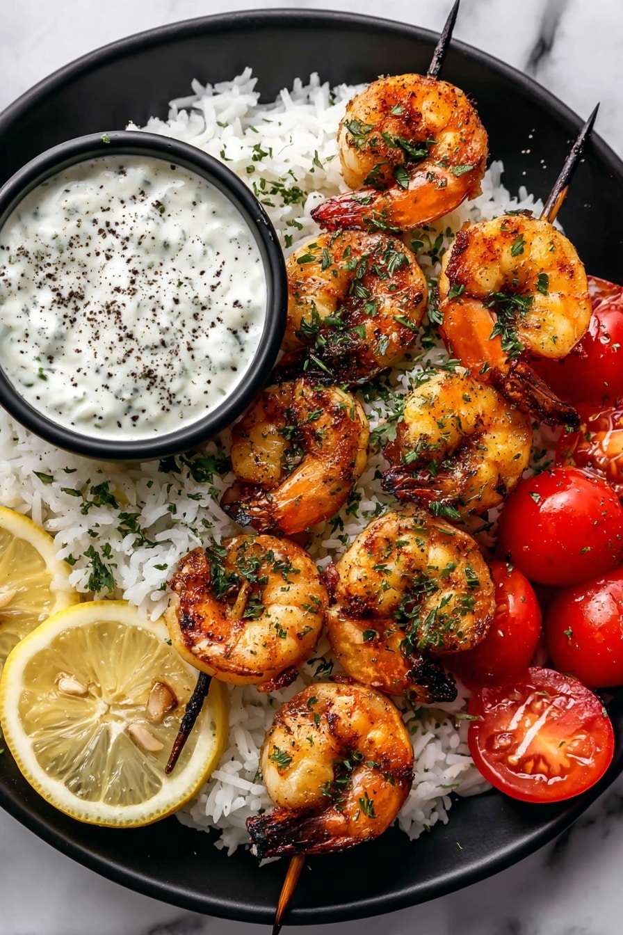 The image shows a black round plate filled with a shrimp dish. There are two skewers of grilled shrimp placed diagonally on top of a bed of white rice. The shrimp are golden with a sprinkle of green herbs. To the left of the skewers, there is a small black bowl with a creamy white sauce topped with cracked black pepper. Below the bowl, two lemon wedges rest on the plate. To the right of the lemon wedges, there are several halved cherry tomatoes in bright red color. The background has a white marbled texture. photo taken with an iphone --ar 2:3 --v 7 - Chimichurri Shrimp with Rice and Tzatziki, grilled shrimp with chimichurri sauce, quick shrimp and rice dinner, easy seafood recipes, Mediterranean shrimp dish