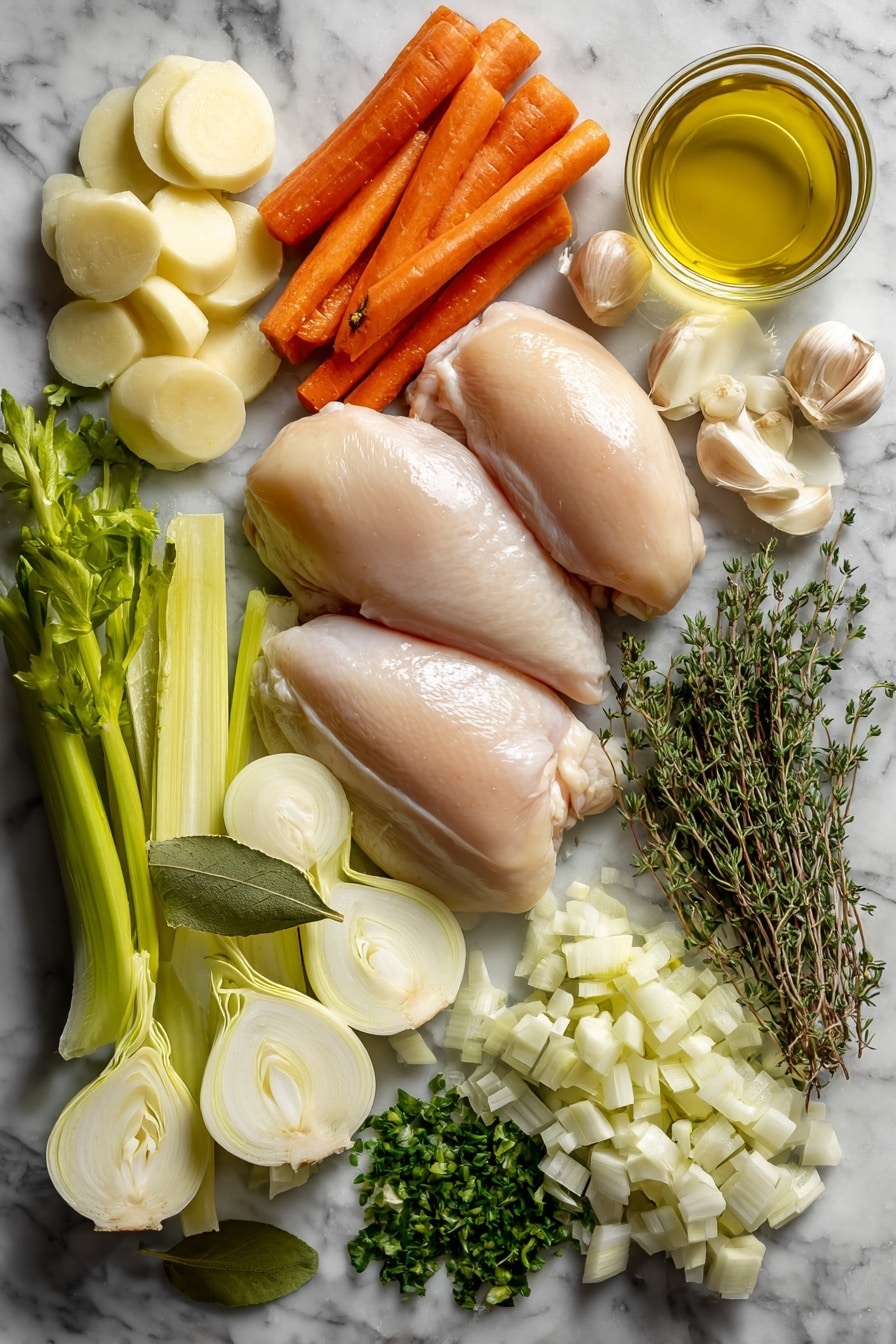 Flat lay of two whole boneless skinless chicken breasts, four medium peeled and sliced carrots, three peeled and sliced parsnips, three sliced celery ribs, half a medium diced onion, one halved and sliced leek, four minced garlic cloves, two sprigs each of fresh thyme and fresh tarragon, one bay leaf, a small bowl of extra virgin olive oil, and a small bunch of roughly chopped fresh parsley placed on a white marble surface, photo taken with an iphone --ar 2:3 --v 7 - Ultimate Chicken Soup, comforting chicken soup recipe, hearty chicken soup, easy chicken soup, homemade chicken soup