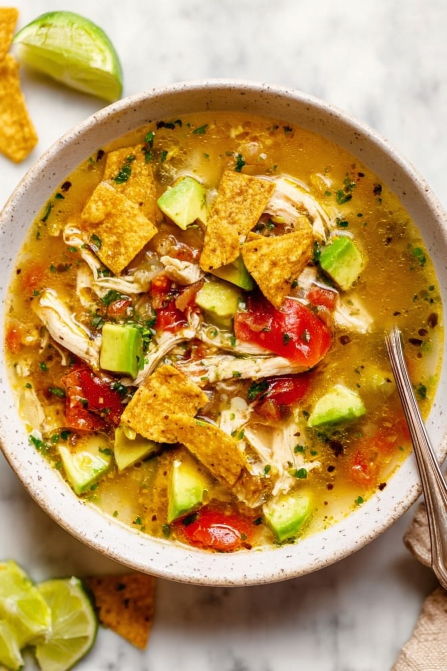 A white bowl filled with a colorful soup containing shredded light-colored chicken, bright green avocado cubes, chunky red tomatoes, and crispy broken tortilla chips scattered on top, all in a light broth with small green herb pieces sprinkled throughout; the bowl sits on a white marbled surface with a whole dark green avocado and a small white bowl of lime wedges above it, and a small white bowl of more tortilla chips below it, with a metal spoon next to the bowl. photo taken with an iphone --ar 2:3 --v 7 - Sopa de Lima, Mexican lime soup, easy Mexican soup, chicken lime soup, traditional Mexican recipes