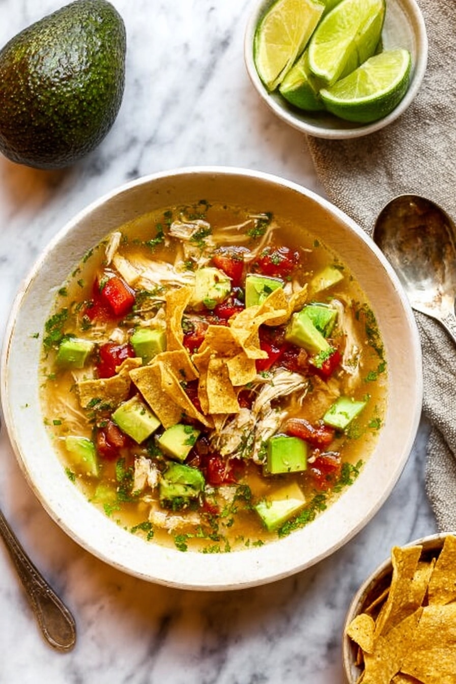 A top view of a large white pot filled with clear soup that has shredded white chicken pieces, small red tomato chunks, green herbs, and floating bits of onions and peppers. A wooden spoon with a long handle is lifting some soup and chicken from the pot. Around the pot, there is a white bowl with lime wedges, a whole avocado, some green cilantro leaves, and a small white bowl filled with round yellow tortilla chips, all placed on a white marbled surface. photo taken with an iphone --ar 2:3 --v 7 - Sopa de Lima, Mexican lime soup, easy Mexican soup, chicken lime soup, traditional Mexican recipes