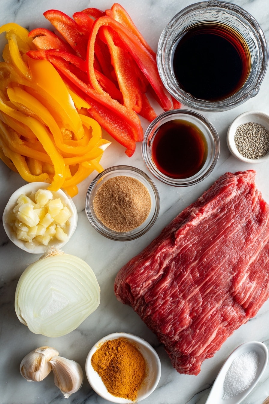 Flat lay of a thick flank steak cut into a large piece, two colorful bell peppers sliced thinly, a halved onion with thin slices next to it, three small garlic cloves peeled, a small pile of fresh minced ginger, a small bowl of dark honey, a smaller bowl of packed brown sugar, a glass container of deep red wine vinegar, a small dish of dark soy sauce, a tiny cup of sesame oil, a small heap of freshly ground black pepper, a teaspoon of cornstarch powder on a white spoon, all placed on a white marble surface, photo taken with an iphone --ar 2:3 --v 7 - Pepper Steak with Onion, Pepper Steak with Onion recipe, savory pepper steak, quick beef stir-fry, flavorful flank steak with peppers