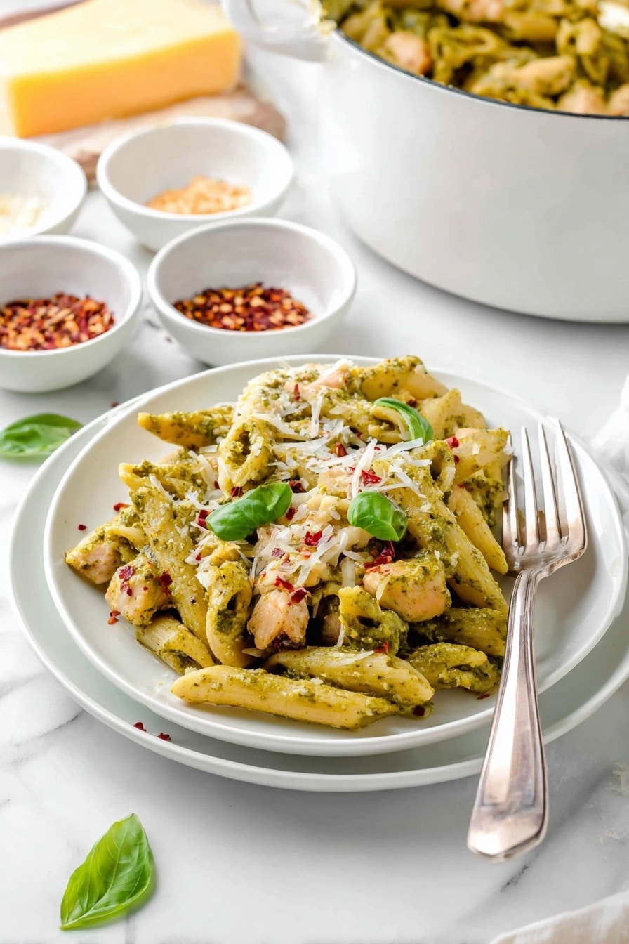 The image shows a white plate resting on a white marbled surface, filled with penne pasta covered in green pesto sauce, mixed with small pieces of cooked chicken in light brown color, scattered red pepper flakes, and topped with fresh green basil leaves and white shredded cheese. Beside the plate, there is a silver fork on the right side. In the background, there is a white pot containing more of the same pasta dish. Surrounding the pot are small white bowls holding spices, including red flakes and a light-colored powdered seasoning, and a piece of yellow cheese rests near the bowls. Photo taken with an iphone --ar 2:3 --v 7 - Creamy Chicken Pesto Pasta, easy chicken pesto pasta, quick pasta recipes, flavorful chicken pasta, creamy pesto pasta dish