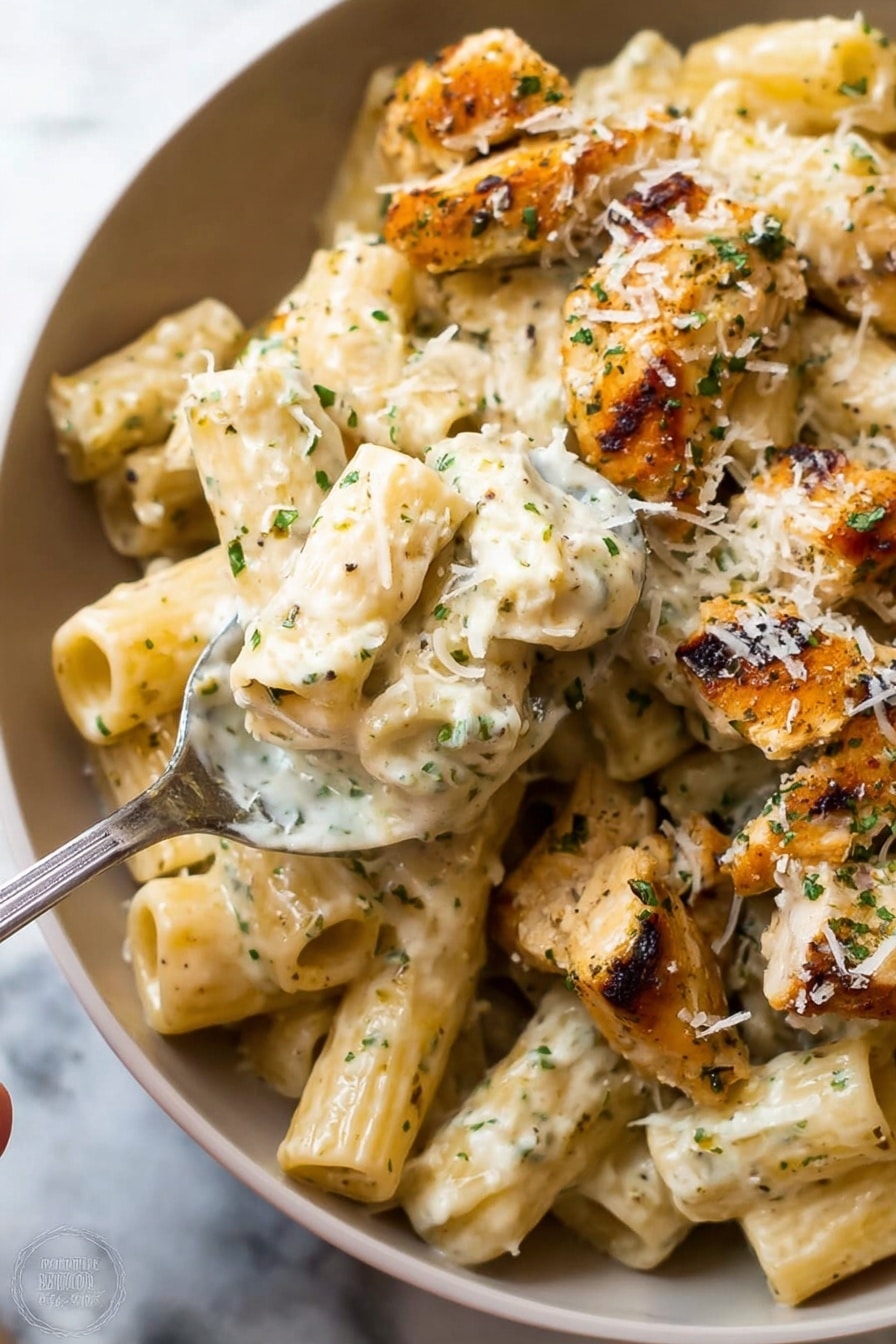 The image shows a close-up of rigatoni pasta coated in a creamy, white sauce with small green herb bits, lifted by a woman's hand holding a spoon. The pasta is mixed with pieces of grilled chicken, which are golden brown with a slightly crispy texture and sprinkled with grated white cheese and herbs. The dish is served in a white bowl, placed on a white marbled surface. photo taken with an iphone --ar 2:3 --v 7 - One Pot Creamy Parmesan Chicken Pasta, simple chicken pasta dish, easy one pot dinner, cheesy chicken pasta recipe, weeknight chicken pasta