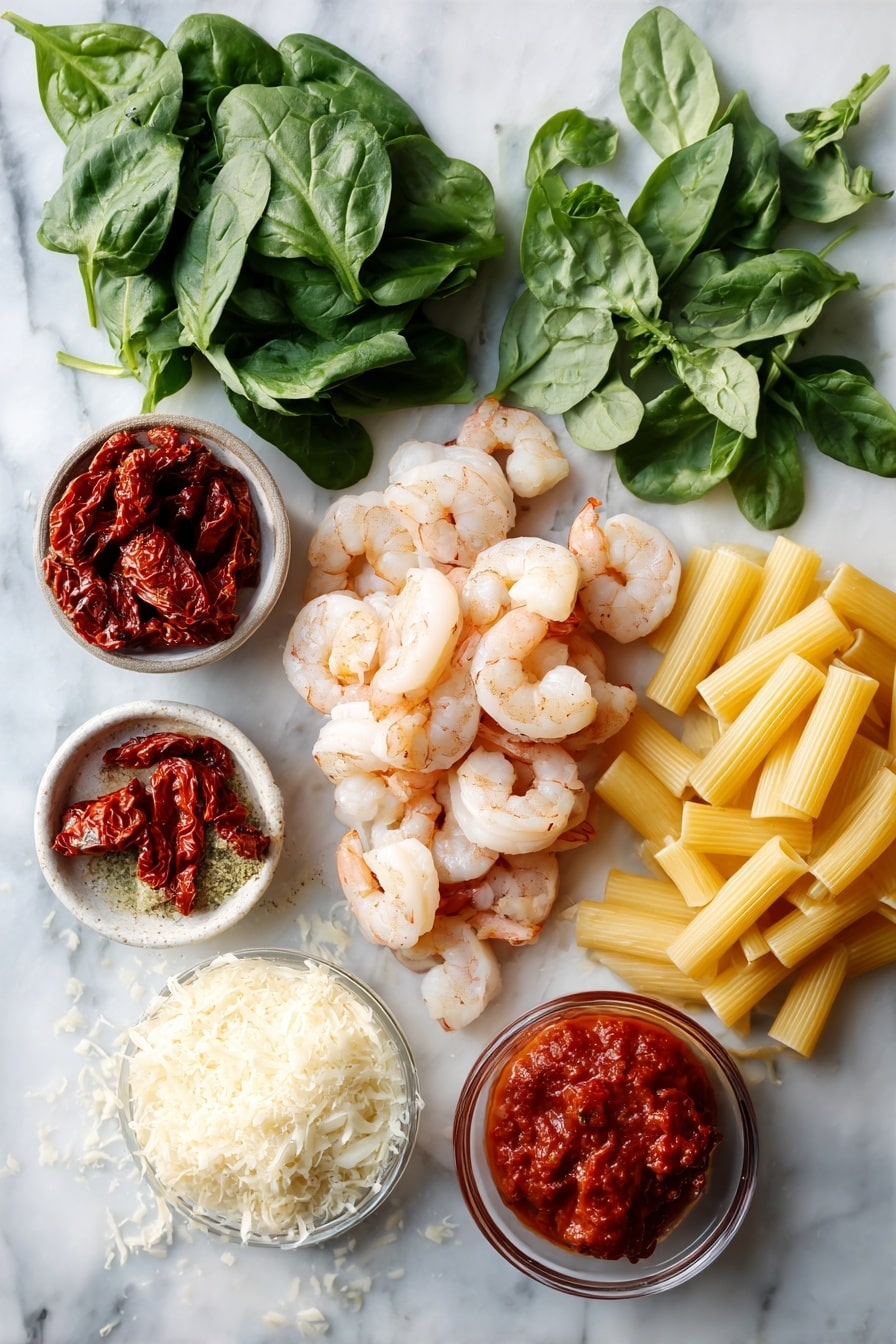 Flat lay of plump large shrimp, vibrant sun-dried tomatoes sliced with glossy tomato oil, fresh baby spinach leaves, finely chopped garlic cloves, a small pile of rigatoni pasta, a spoonful of rich red tomato paste, grated Parmesan cheese mounded in a neat heap, and fresh torn basil leaves scattered gently, placed on a white marble surface, photo taken with an iphone --ar 2:3 --v 7 - Marry Me Shrimp Pasta, shrimp pasta with sun-dried tomato sauce, creamy shrimp pasta recipe, easy shrimp seafood pasta, romantic pasta dinner ideas