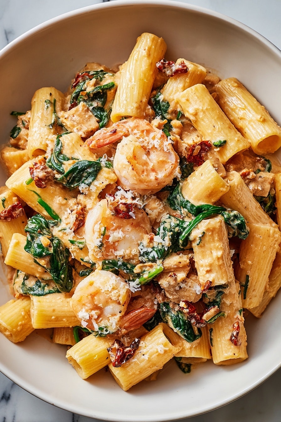 The dish shows rigatoni pasta mixed with creamy orange-colored sauce, with visible pieces of cooked shrimp and wilted dark green spinach leaves spread evenly throughout. Small bits of sun-dried tomatoes and grated white cheese are sprinkled on top. The pasta and shrimp have a smooth, slightly shiny texture, while the spinach adds contrast with its soft, leafy texture. The food is served in a white bowl placed on a white marbled surface. photo taken with an iphone --ar 2:3 --v 7 - Marry Me Shrimp Pasta, shrimp pasta with sun-dried tomato sauce, creamy shrimp pasta recipe, easy shrimp seafood pasta, romantic pasta dinner ideas