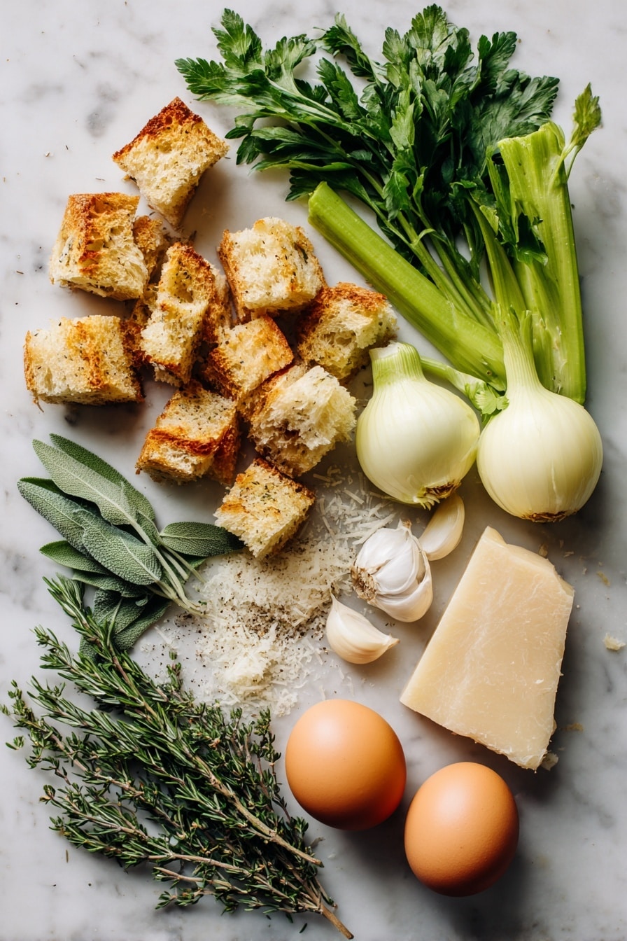 Flat lay of golden sourdough bread cubes, fresh bright green celery stalks, a peeled yellow onion, several peeled garlic cloves, a small bunch of fresh parsley, sprigs of rosemary, sage, and thyme, a wedge of parmesan cheese with some grated parmesan scattered nearby, and two fresh brown eggs, all beautifully arranged and vibrant, placed on a white marble surface, photo taken with an iphone --ar 2:3 --v 7 - Crispy-Edged Stuffing Muffins, Stuffins, holiday side dishes, savory stuffing muffins, festive stuffing recipes