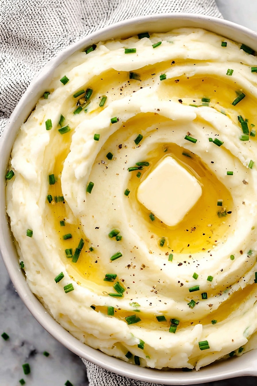 A white bowl full of creamy mashed potatoes with soft swirls forming a round pattern on the top layer. A square piece of butter sits in the middle, melting and spreading golden yellow glossy streaks across the smooth white surface of the potatoes. Small, bright green chopped chives are scattered evenly on top, along with tiny black pepper bits adding tiny dark specks. The bowl is placed on a white marbled surface with a light gray striped cloth underneath. Photo taken with an iphone --ar 2:3 --v 7 - Buttermilk Mashed Potatoes, creamy mashed potatoes, tangy mashed potatoes, comfort food sides, easy mashed potatoes