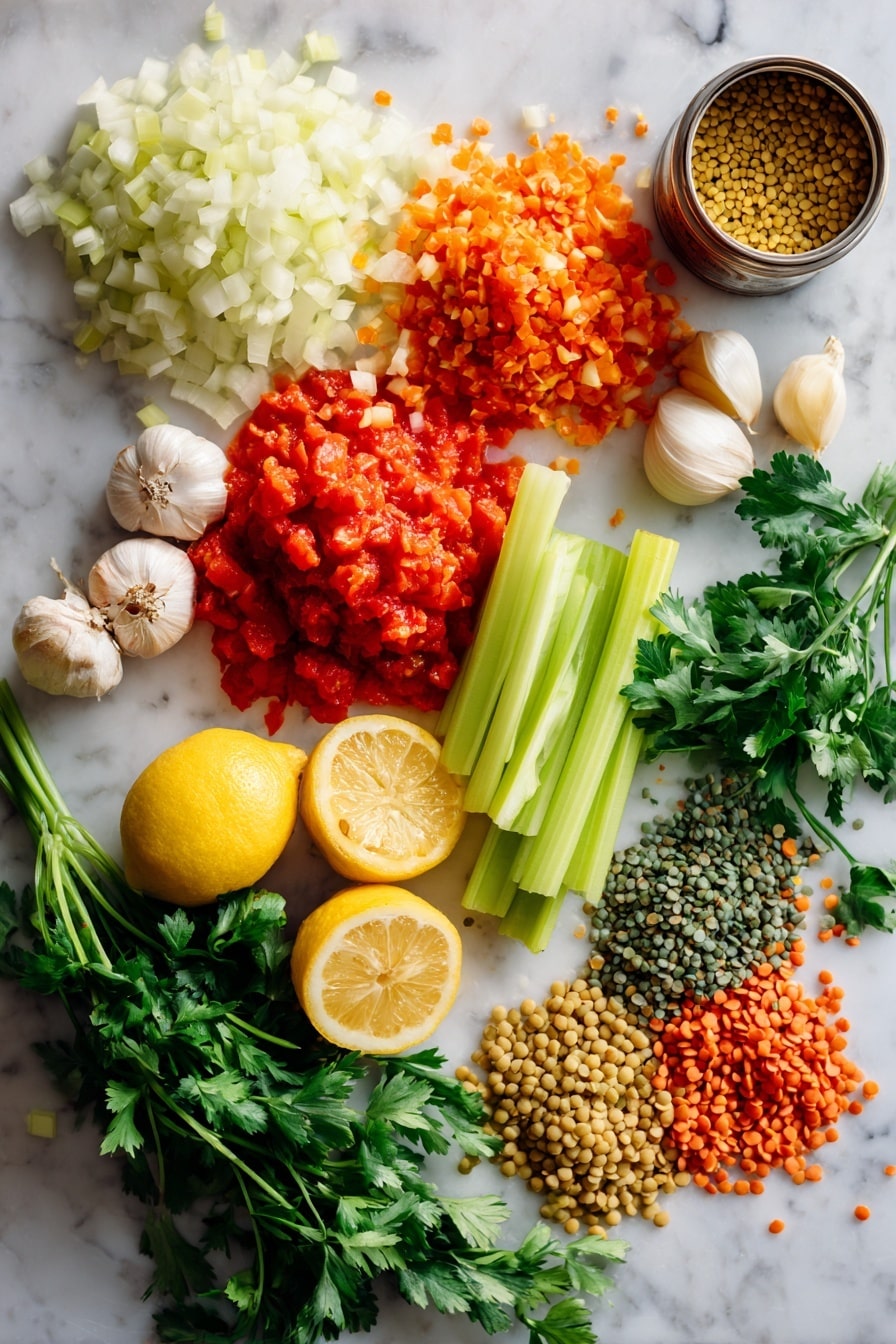 Flat lay of a large yellow onion finely chopped, two celery stalks chopped, one peeled and chopped carrot, four garlic cloves minced, bright red crushed tomatoes in a gentle pile, fresh green cilantro leaves loosely arranged, small heaps of green and red lentils, a can of beige chickpeas spilling some out, a few lemon wedges with vibrant yellow rinds, all placed on a white marble surface, photo taken with an iphone --ar 2:3 --v 7 - Harira Moroccan Lentil and Chickpea Soup with Warm Spices, Moroccan Lentil Soup, Spiced Moroccan Soup, Healthy Moroccan Soup Recipes, Hearty Lentil and Chickpea Soup