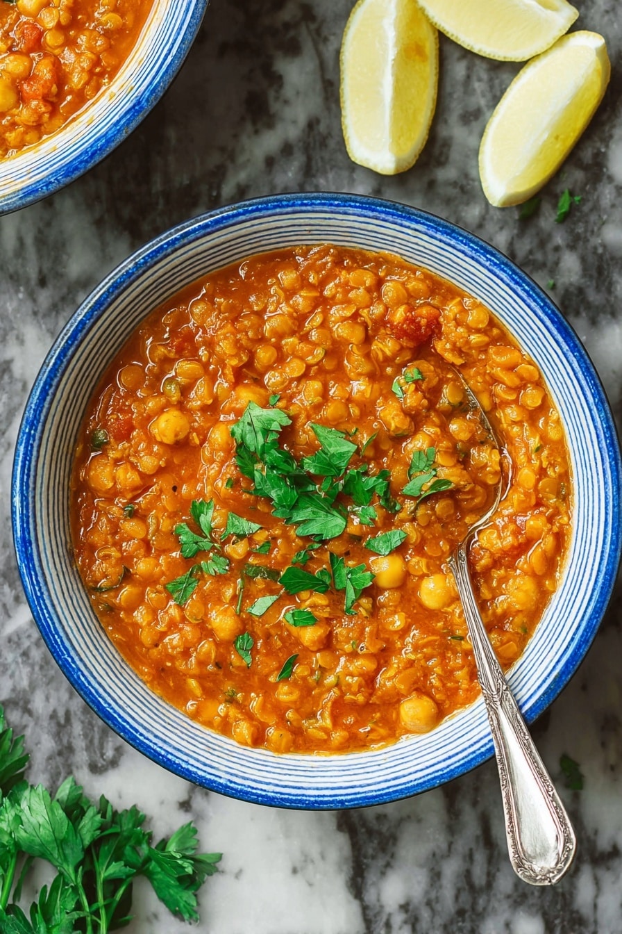The image shows a thick and hearty orange-red stew filled with small lentils, chickpeas, and rice in a white bowl with a blue rim. The stew has a soft, slightly chunky texture with visible bits of vegetables and herbs. On top, there are a few fresh green parsley leaves placed as garnish. A silver spoon rests inside the bowl on the right side. Nearby on the white marbled surface, there are lemon wedges placed to the top right corner of the bowl. photo taken with an iphone --ar 2:3 --v 7 - Harira Moroccan Lentil and Chickpea Soup with Warm Spices, Moroccan Lentil Soup, Spiced Moroccan Soup, Healthy Moroccan Soup Recipes, Hearty Lentil and Chickpea Soup