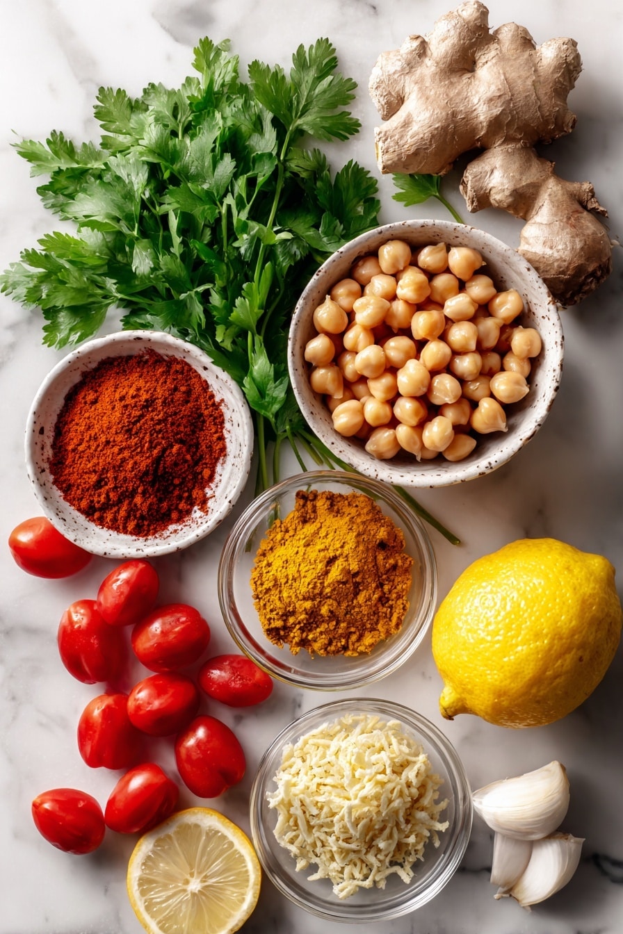 Flat lay of golden cumin seeds, vibrant ground turmeric, warm reddish-brown garam masala, fresh bright green cilantro leaves, plump beige chickpeas, peeled whole tomatoes with rich red hues, finely grated pale yellow ginger, minced white garlic cloves, and a fresh lemon cut in half showing its juicy yellow flesh, all beautifully arranged on a white marble surface, photo taken with an iphone --ar 2:3 --v 7 - Easy Chickpea Curry, Chana Masala, Indian vegetarian dishes, quick vegetarian dinner, flavorful chickpea curry