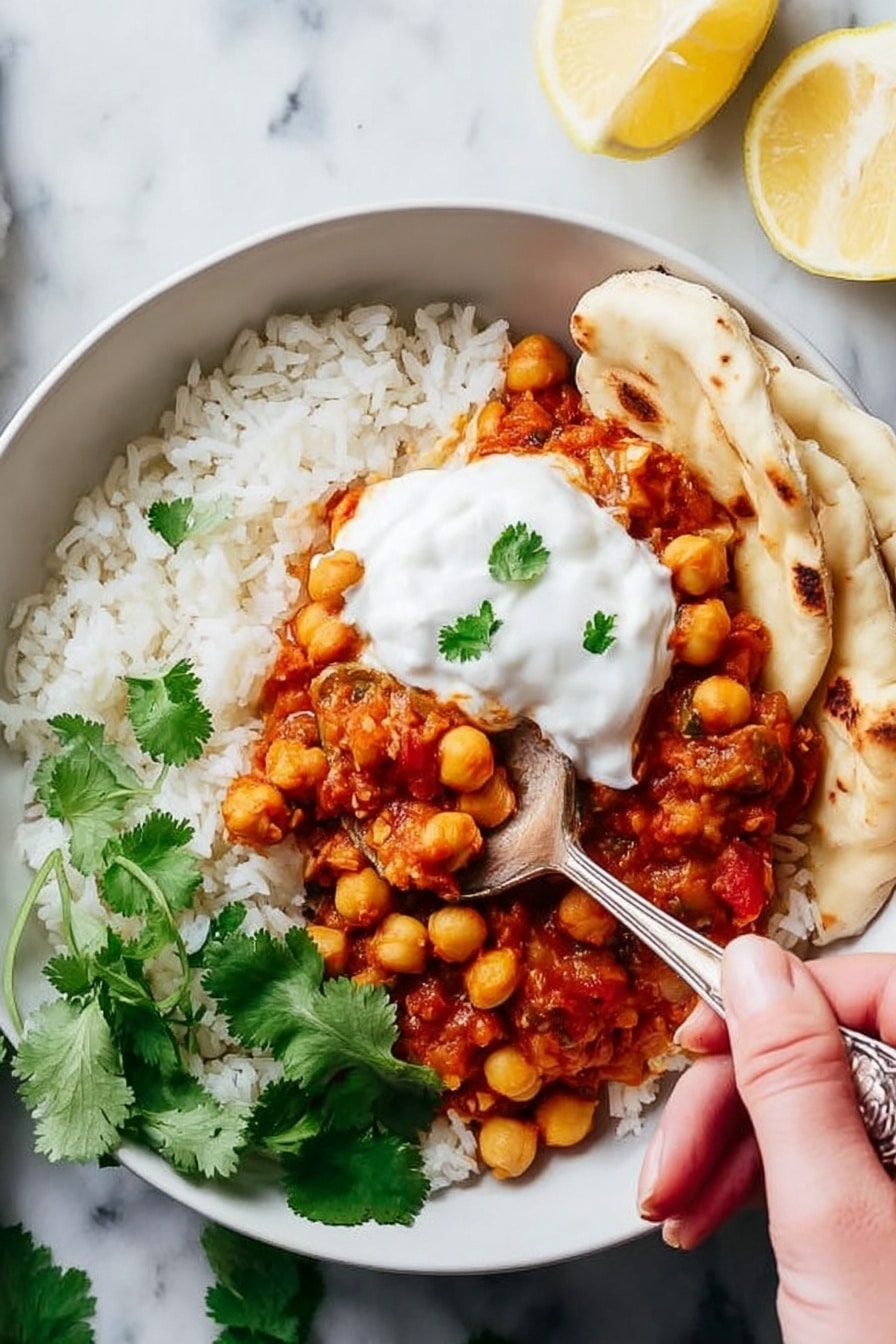 A white bowl contains a dish with three layers visible: the bottom layer is white rice filling half the bowl with a soft, grainy texture; on top of the rice, there is a thick chickpea and tomato sauce mixture in reddish-orange with chunks of chickpeas and tomato pieces, covering the center; a dollop of white creamy yogurt sits on top of the sauce in the middle; fresh green cilantro leaves are placed on one side of the bowl near the rice; pieces of flatbread with a light golden-brown color and soft texture rest on the edge of the bowl. A woman's hand is holding a spoon scooping into the sauce near the flatbread. The background is a white marbled texture with two lemon wedges placed nearby. Photo taken with an iphone --ar 2:3 --v 7 - Easy Chickpea Curry, Chana Masala, Indian vegetarian dishes, quick vegetarian dinner, flavorful chickpea curry