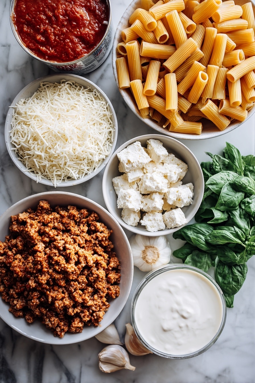 Flat lay of dry ziti pasta noodles, crumbled Italian sausage, minced garlic cloves, a large can of crushed tomatoes, fresh green basil leaves, shredded mozzarella cheese, grated pecorino Romano cheese, and a small pour of heavy cream, all beautifully arranged in separate piles and clusters, placed on a white marble surface, photo taken with an iphone --ar 2:3 --v 7 - Easy Baked Ziti with Spicy Sausage and Creamy Cheese, hearty pasta bake with sausage and cheese, cheesy baked ziti italian casserole, comfort food baked ziti recipe, quick sausage pasta casserole