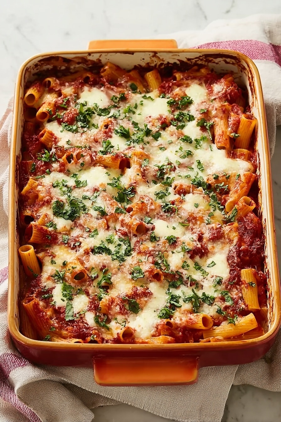 A rectangular orange baking dish filled with baked pasta is shown. The dish has one main layer of rigatoni pasta covered evenly with thick red tomato sauce. On top, there are small patches of melted white cheese scattered all over. Fresh green chopped herbs, possibly parsley or basil, are sprinkled generously, adding a fresh contrast on the cheese and sauce. The edges of the baking dish show some browned spots where the sauce has baked into the sides. The dish sits on folded beige and white towels over a white marbled surface. photo taken with an iphone --ar 2:3 --v 7 - Easy Baked Ziti with Spicy Sausage and Creamy Cheese, hearty pasta bake with sausage and cheese, cheesy baked ziti italian casserole, comfort food baked ziti recipe, quick sausage pasta casserole