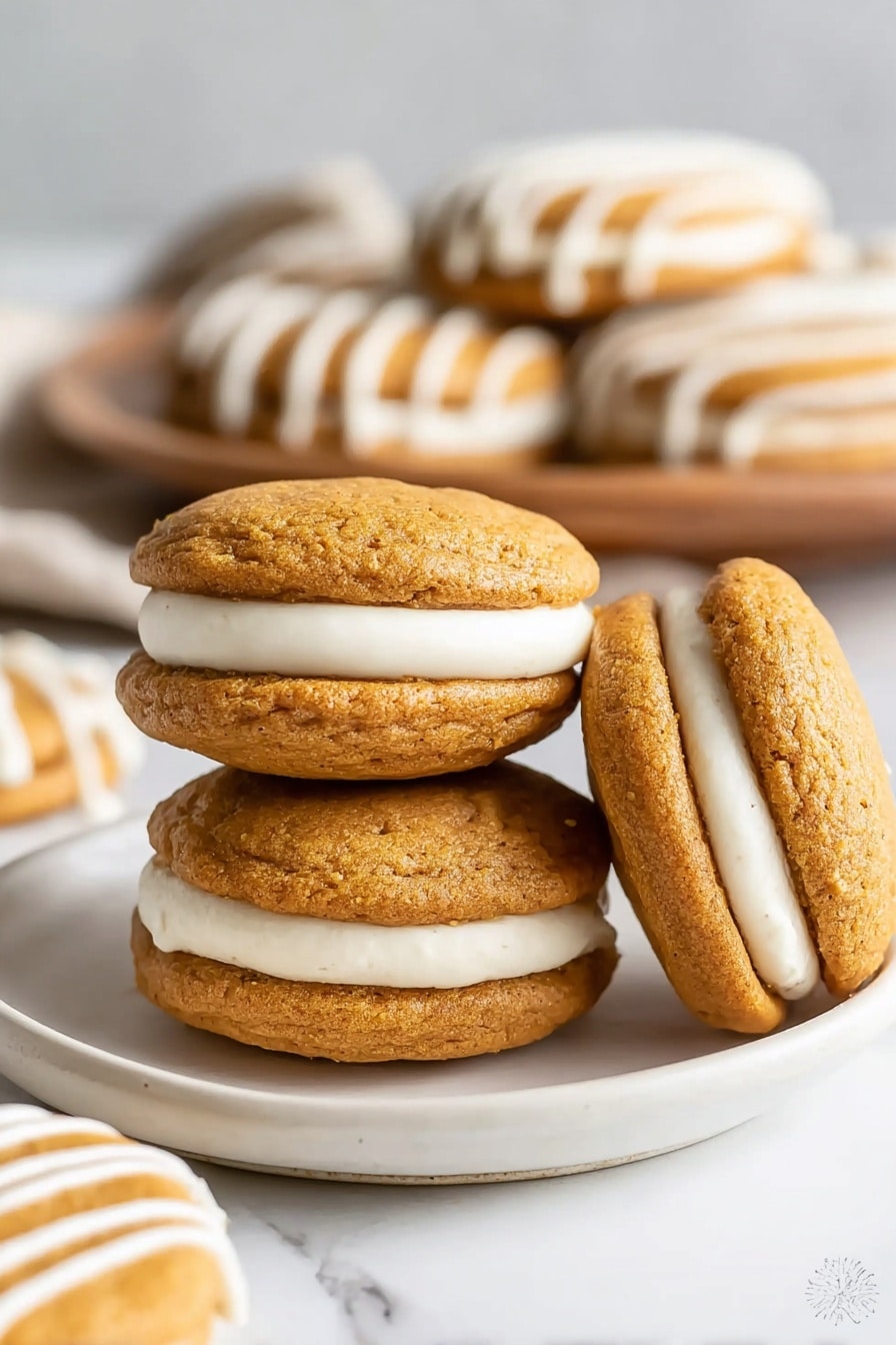 The image shows a close-up of three soft, round pumpkin sandwich cookies stacked on a white plate with a white marbled background. Each cookie has two golden-brown layers with a soft texture, filled with a thick layer of smooth, white cream in the middle. One cookie leans on the stack, displaying the cream filling clearly. In the background, more cookies with white drizzle are visible, adding to the cozy feel. Photo taken with an iphone --ar 2:3 --v 7 - Easy Pumpkin Whoopie Pies, Pumpkin Whoopie Pies, Fall Cookie Recipes, Pumpkin Dessert Ideas, Easy Autumn Treats