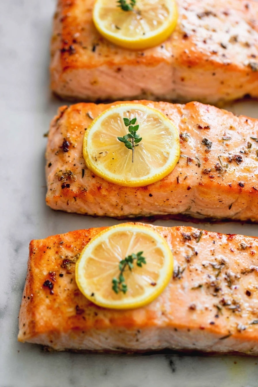 Three cooked salmon fillets lie side by side on a white marbled surface, each piece showing a light orange-pink color with a slightly browned, crispy texture on top. Small black pepper flakes and herbs are scattered unevenly across the surface of the salmon, adding specks of dark color. Each fillet is topped with a thin, bright yellow lemon slice with a small green herb sprig placed at the center of the lemon, adding fresh green detail. The edges of the salmon are slightly darker, showing a light crispiness. photo taken with an iphone --ar 2:3 --v 7 - Best Easy Healthy Baked Salmon, healthy baked salmon, quick salmon dinner, lemon garlic salmon, simple salmon recipes