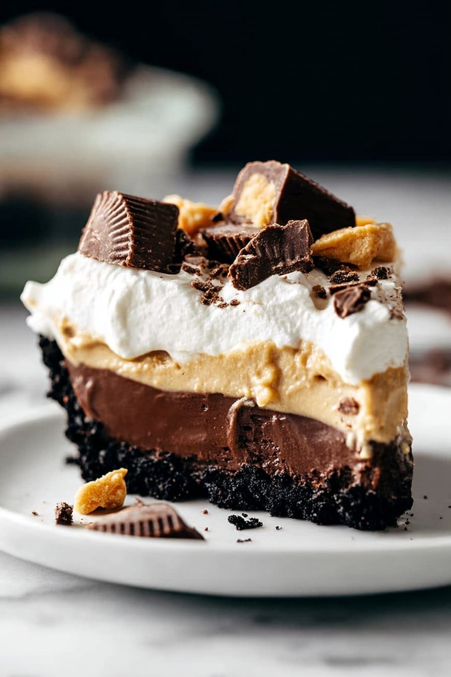 The image shows a slice of dessert with four clear layers served on a white plate against a white marbled background. The bottom layer is a dark, crumbly chocolate crust. Above that is a smooth, thick dark chocolate layer. The third layer is a light creamy tan color, likely peanut butter or caramel. The top layer is fluffy white whipped cream covered with crushed pieces of chocolate and peanut butter cups scattered over it. The dessert looks rich and creamy with a mix of textures from smooth to crunchy. Photo taken with an iphone --ar 2:3 --v 7 - Chocolate Peanut Butter Pie, easy peanut butter chocolate dessert, no-bake pie recipes, creamy peanut butter pie, decadent chocolate pie